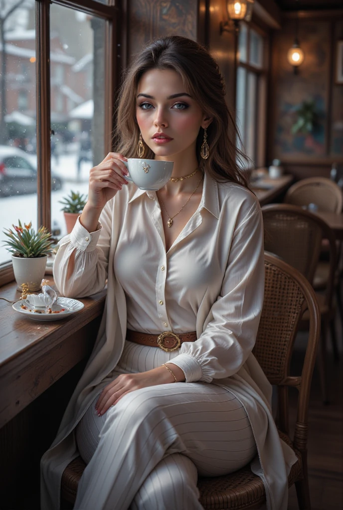 Generate an image that transports us to the enchanting world of the interwar period in Paris, where a young and elegant flight attendant savors a quiet moment at a charming Parisian café.
The flight attendant herself embodies the grace and sophistication of the era. She possesses a timeless beauty and slender figure that complements her chic and vintage attire, perfectly in sync with the ambiance of the interwar period.
Her hair, a rich chestnut hue, is elegantly styled in loose waves that frame her face. Her eyes, a captivating shade of deep hazel, reflect both the allure of Paris and a sense of curiosity. Long, dark eyelashes emphasize her eyes, and she wears subtle brown eyeshadow that adds to her sophistication.
Her facial features are delicately proportioned, featuring a petite nose and high cheekbones that evoke the elegance of the interwar era. Her lips, with a natural rosy tint, form a warm and inviting smile that exudes charm and grace.
The flight attendant's attire is a testament to the fashion of the timeâa tailored, knee-length dress cinched at the waist and flared at the skirt. She wears a stylish cloche hat adorned with a ribbon, adding an air of sophistication. Classic pumps and a vintage leather handbag complete her ensemble.
As she sits at the Parisian café, she enjoys a cup of coffee, her delicate fingers wrapped around the warm porcelain cup. The café exudes an authentic interwar atmosphere, with wrought-iron tables and chairs, checkered tablecloths, and the soft hum of conversation in the background.
The image is bathed in the soft, romantic light of a Parisian afternoon, casting a warm and nostalgic glow over the scene. It captures a fleeting moment in time, where the flight attendant relishes the magic of Paris during the interwar period, embodying the spirit of elegance and exploration.
This revised prompt focuses on the flight attendant's experience at a Parisian café, maintaining the interwar atmosphere. <lora:add_detail:0.5> <lora:bichu-v0612:0.5> <lora:sxz-slavic-fantasy-v1:0.5> <lora:detailed_eye:0.7> <lora:Gloomifier_slider_LECO_500w:1>