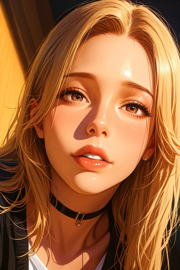 realistic, woman, selfie, wide mouth, licking, soft serve ice cream, face zoom, background sunset
