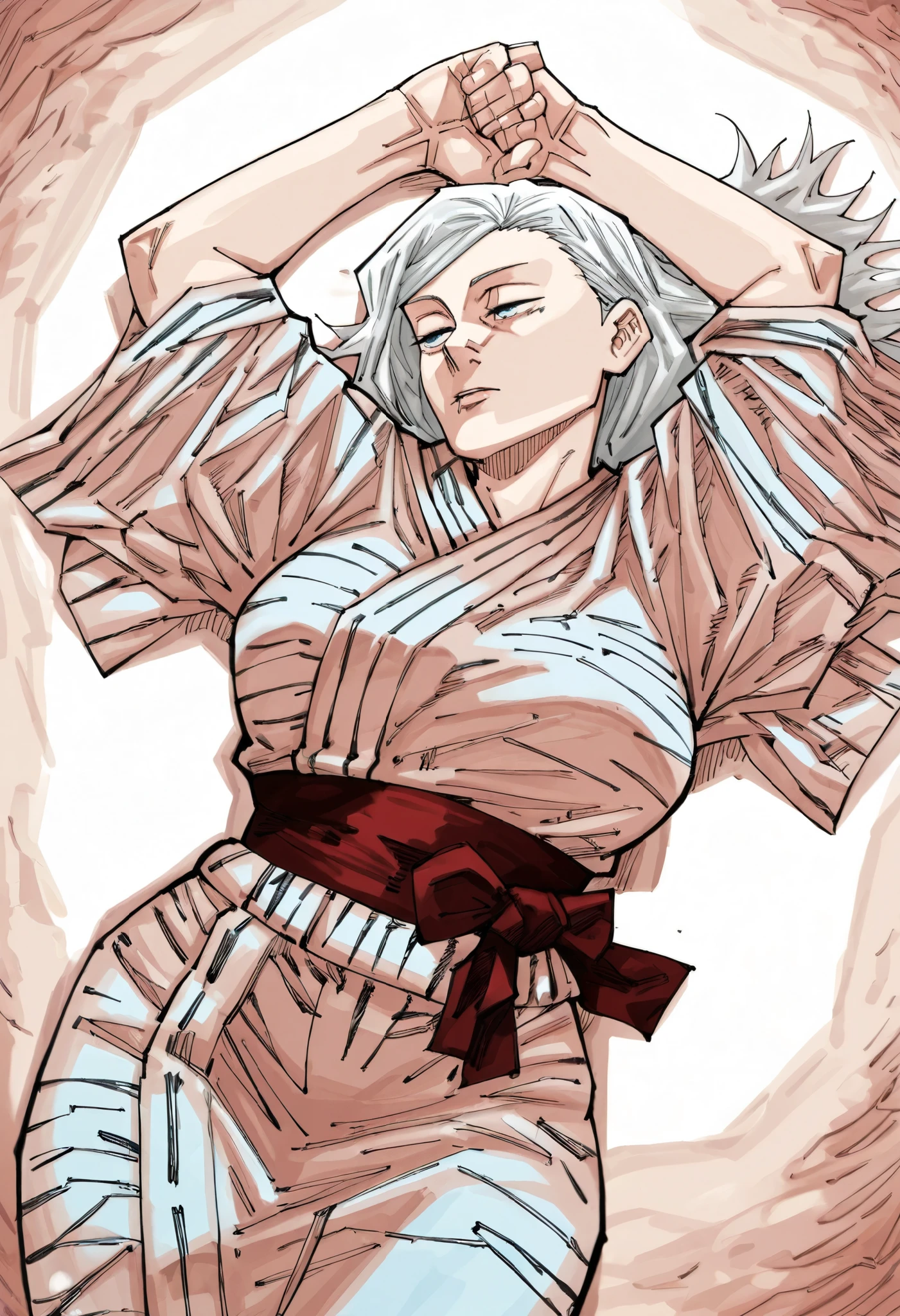 a mature woman, adult, 1woman, mature, big breasts, blue eyes color, beautiful eyes, eyes details, long hair, white hair color, straight hair, looking away, white yukata, yukata, tied yukata, red and white yukata, waist tie, half closed eyes, lying on white ground, hands down, from above, high angle shot, masterpiece, best quality, masterpiece, best quality, amazing quality, very aesthetic, absurdres, newest, dynamic angle shot, Jujutsu Kaisen artstyle, Jujutsu Kaisen manga, monochrome, JJK manga style, cjjkm style, hatching