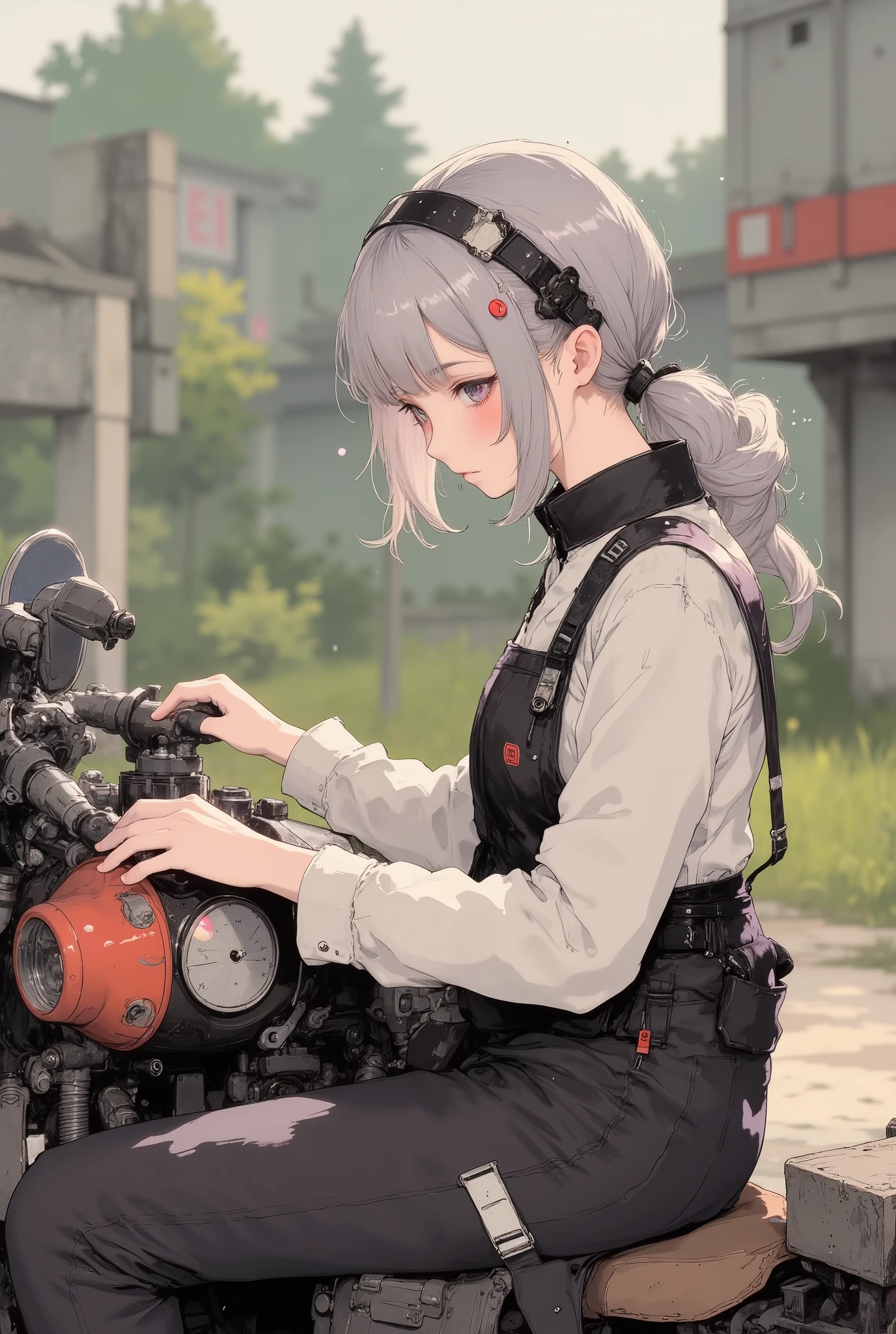 (She is wearing work clothes. She does her motorcycle maintenance outdoors.), profile, side view, from side,  1girl, japanese, blush, High Definition, masterpiece, Accurate, top quality, High Definition model, high detail, (((The textures are soft))), ((matte and toy-like with a handmade premium look)), (((Tim Burton style))), beautiful woman, anime style, simple lines, ((soft silver low ponytail hair)), (intricate details : 1.1), beautiful detailed, beautiful hair, ((Pupil details)),