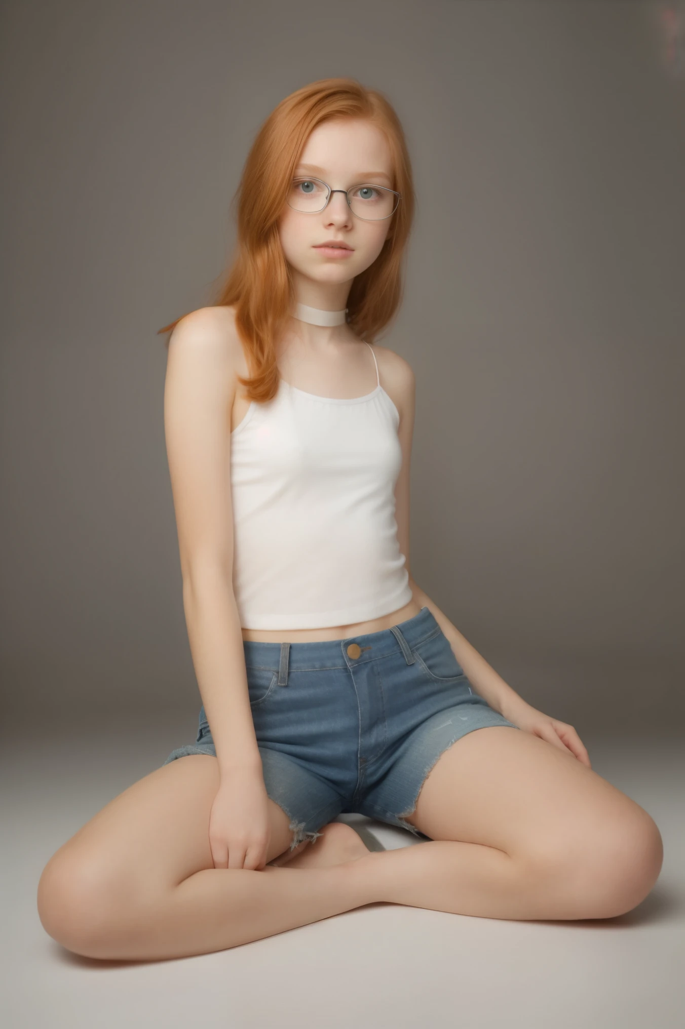 Amateur Image, raw photo, unedited photo, dynamic pose, full body shot, full view,(13yo skinny redhead girl:1.2), (normal european girl), miniature girl, (((sitting))), ((flat chested)), (thin legs), cheek dimples, blushing, parted lips, black eyeliner, (lipstick:0.5), (choker:0.9), white skin, detailed skin, realistic skin texture, shoulder, (natural ginger hair:1.2), (glasses), nsfw, naive, shy, short, thin, cute, fotorealismo, realism, 
