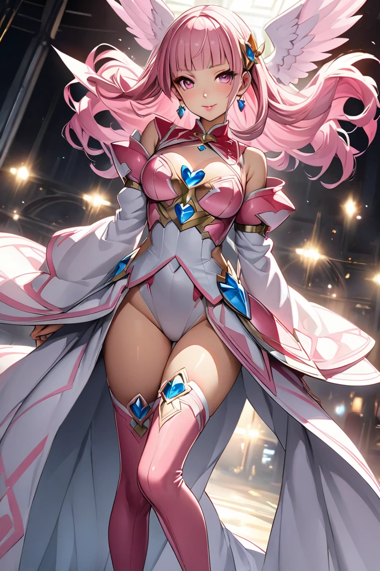 (Perfect Anatomy)、Mastepiece、Ultra High Quality、 8K、masterpiece、Highest quality、Ultra-high resolution、Maximum resolution、Very detailed、Professional Lighting、anime、woman、thin、so beautiful、Highly detailed eye、Highly detailed face、Golden earrings、Pink Hair,、Pink eyes、Mid-chest, pink lips, upper arm pink armor, white leotard, pink pattern, full body, magical girl, Angel Girl, Are standing, pink thigh high stockings, white super long boots, pink gauntlet, high heels, hime cut, bridal hair accessory, glowing eyes, madeon, squatting, ((outstretched hand)), smile, 5 fingers