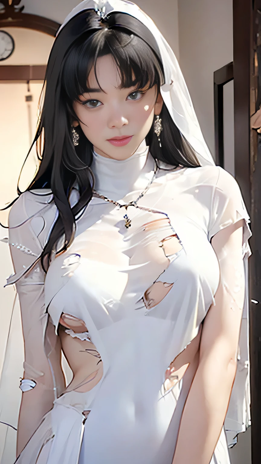 A pale white woman with minimal see-through clothes white colour clothes , clothes are wet too huge breast and huge butt , only covering basically no clothes black hair