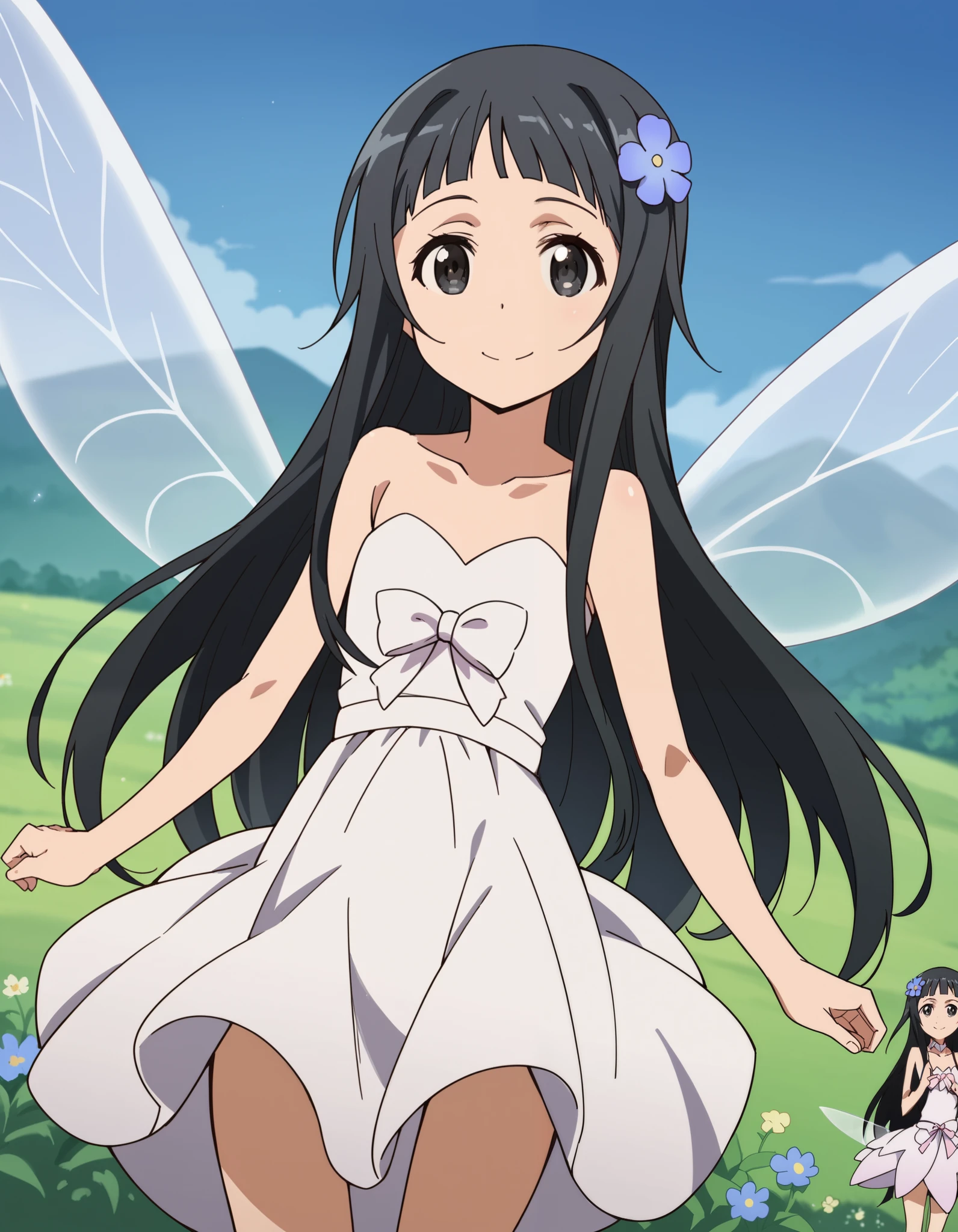 score_9, score_8_up, score_7_up, source_anime,
saoyui, yui, long hair, bangs, black hair, hair ornament, very long hair, flower, hair flower, black eyes,
dress, bare shoulders, collarbone, wings, fairy wings, fairy,
outdoors, landscape, smile,
cowboy shot, looking at viewer, solo, dutch angle,
