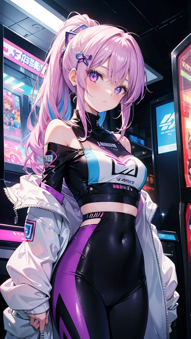 An elegantly posed anime women, with brown long hair adorned with purple highlights. She wears a small top, over-ear headphones and a hoody, and exudes a sense of cool confidence. She walks down a street in a cyberpunk stile like City at night with wet streets after a Rain shower . The image appears to be a digitally rendered painting or illustration. Every detail is meticulously crafted, from the intricate lines of her outfit to the subtle shading of her hair. The vibrant colors pop against a neutral background, creating a visually striking and immersive scene that captures the essence of modern glamour.
