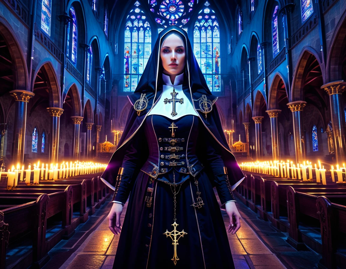 ((Stone statues)),High detail RAW color art, animation, big breasts, (((ultradetaled elegant, beautiful face))), (crucifixion), white skin, (((Red Cross syster praying))), (goth makeup), barely legal, sexy pose, (((breast and pussy exposed))), wearing black and whit latex catholic robe, magical atmosphere, ((long blond curly hair)), (focus on face), (((gothic cathedral on background))), (detailed skin, skin texture), (intricately detailed, fine details, hyperdetailed), raytracing, subsurface scattering, diffused soft lighting, shallow depth of field, by (Oliver Wetter), by Leonardo da Vinci, photographed on a Canon EOS R5, 28mm lens, F/2.8, sharp focus bokeh,