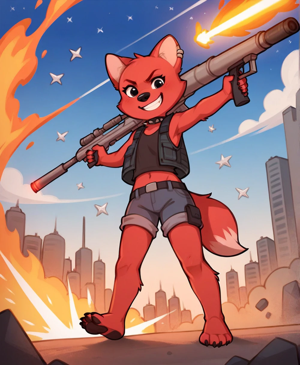 score_9, score_8_up, score_7_up, score_6_up, score_5_up, score_4_up, Lisichka, girl, red fur, red ears, black eyes, fluffy red tail, red face, black nose, young, younger, white tip tail, black eyes, city, standing, ring, earring, piercing, black spiked collar, black vest, black short, holding blaster, science fiction, weapon, space base, blaster, battlefront, war, explosion, fire, angry smile, barefoot, full body, comet, spaceship in sky, laser fire