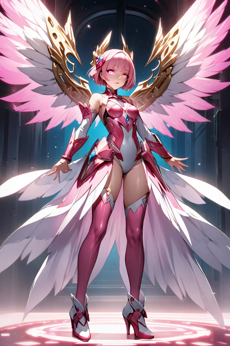 cure holy(magical girl, cool beauty, middle breast, tiara, short hair, silver hair, gold eyes, simple white dress, white long boots, white opera gloves,)