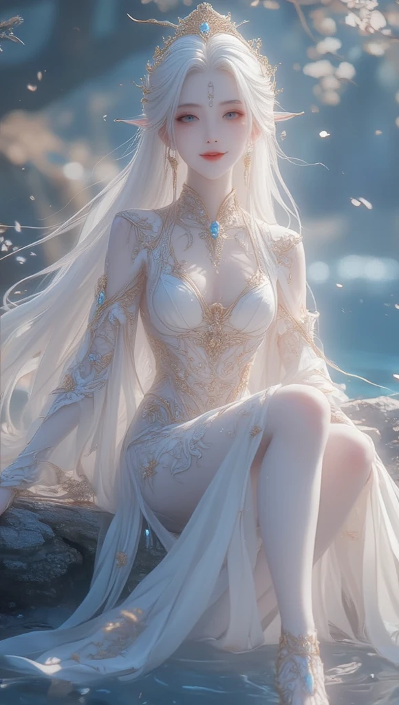 Realistic full body portrait model Dilraba Dilmurat 20 years old. perfect standard fire body, perfect realistic 8k body composition, milky beige hair blowing in the wind, body soaking wet. Crystal waterfall scenery. beautiful realistic perfect black eyes, charming smile, compose the most beautiful perfect face in the world, hand painted in meticulous detail with the highest image quality 3d 8k. Beautiful white skin, ARTE tattoo, 2cm liquid acrylic, warm dreamy light, Volumetric Light, adventure style pulp, dynamic gradients, True Colors, Illustrations, vector curves highly detailed, Simpler, Soft and clean, vectorial art, Soft, design of character, movie  theater, Surrealism, cartazes, collection of masterpieces, sunset, Wet gouache. high quality of image, meticulous detail, perfect realistic work real people. Beautiful perfectly realistic hands and fingers. The highest quality 3d 8k virtual image. 