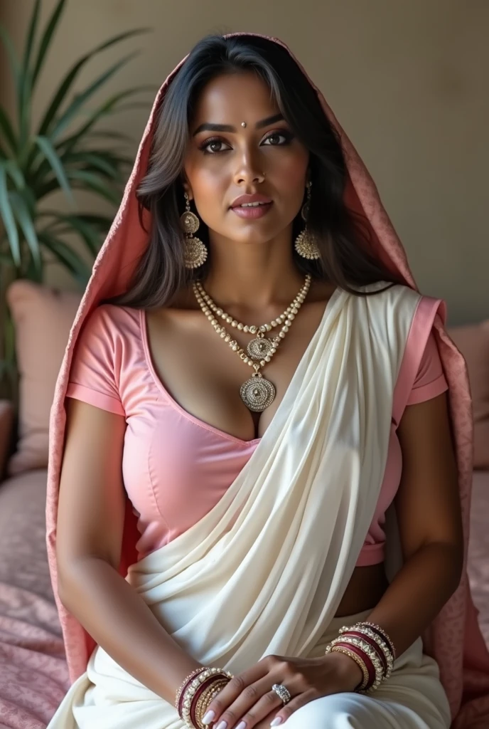 Shot on DSLR Prime Lens, background blur, Beautiful girl, breast size 36, Generate a high-resolution, realistic image of a beautiful Indian female, dressed in an elegant yet comfortable kurti pajama ensemble. Colorful shawl around her back, The kurti should be beautifully designed, adorned with intricate embroidery and elegant patterns, and it should have a modest neckline that covers her chest without revealing cleavage with traditional Indian jewelry, including delicate earrings, bangles, and a necklace that enhances her overall look, Sunshine outdoors with photoshoot model,looking towards the viewer