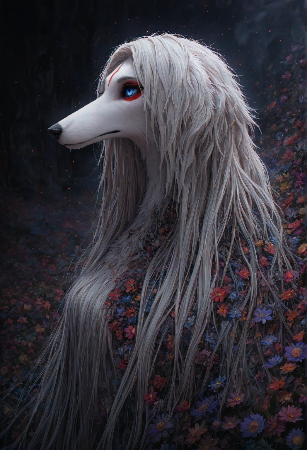 Fluffy female beautiful Arctic wolf with long white hair, eyelashes and claws, wide hips,yellow eyes and a flower crown