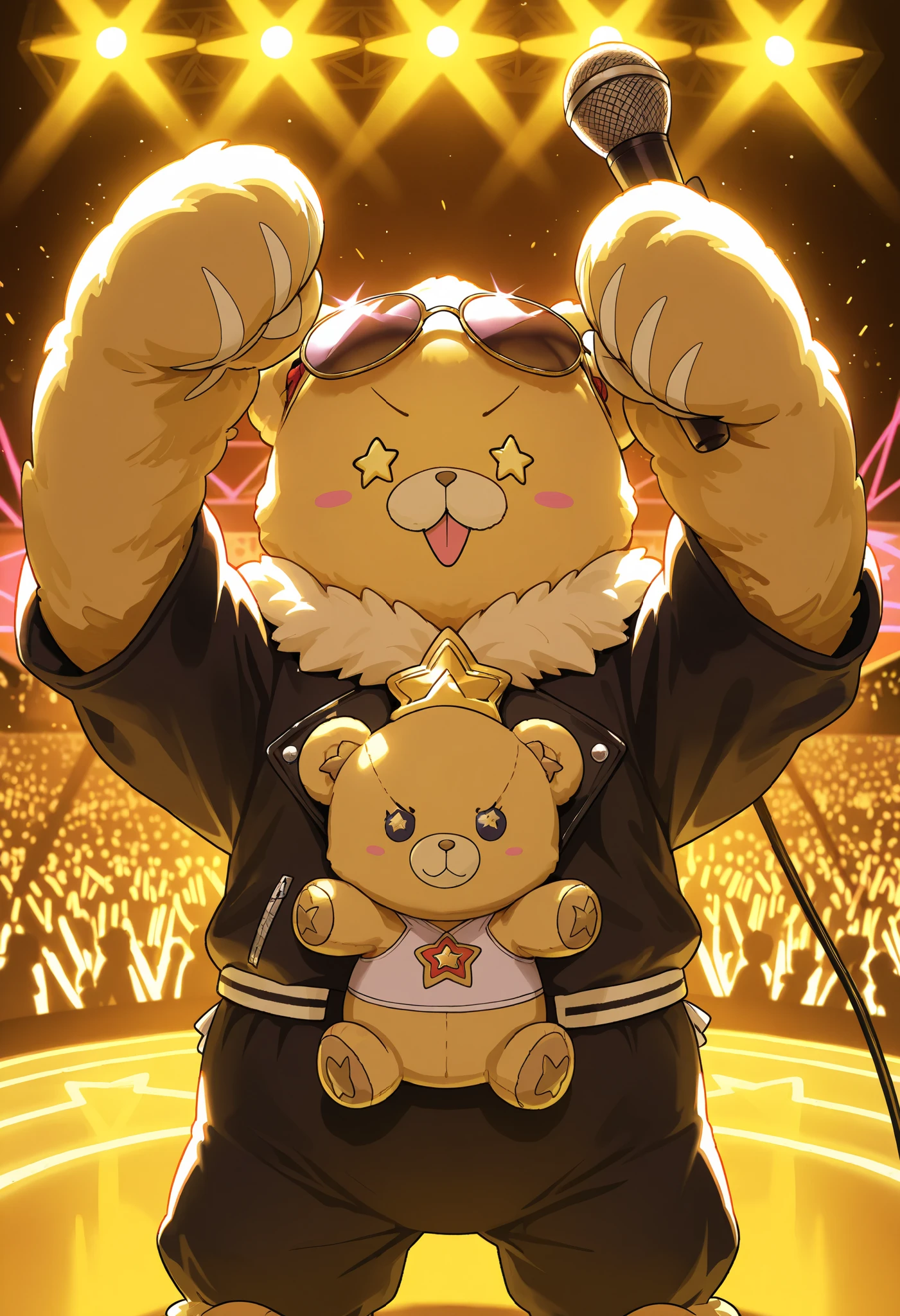 ((masterpiece:1.2)), ((best quality:1.2)), ((very aesthetic:1.4)), illustration, (anime coloring:1.2), ((intricate details:1.4)), ((detailed background:1.2)), ((Kon from Bleach):1.5), ((Plushie):1.3), concert stage, colorful spotlights, neon lights, dynamic atmosphere, **a highly detailed, extra-emphasized plush doll inspired by Kon from Bleach**, performing solo on stage, (((fluffy fur))), (((expressive face))), (((star-shaped eyes))), (((dynamic stage presence))), (((center of attention))), **wearing a cool rockstar outfit, including a leather jacket and tiny sunglasses**, holding an electric guitar, passionately playing and singing into a microphone, standing on a grand stage with bright lights, lively crowd cheering, dramatic lighting, glowing stage effects, sound waves in the air, **rock concert vibes**, powerful and emotional performance, cinematic lighting, vibrant color, precise character design, ultra-detailed textures, HD quality, natural look.