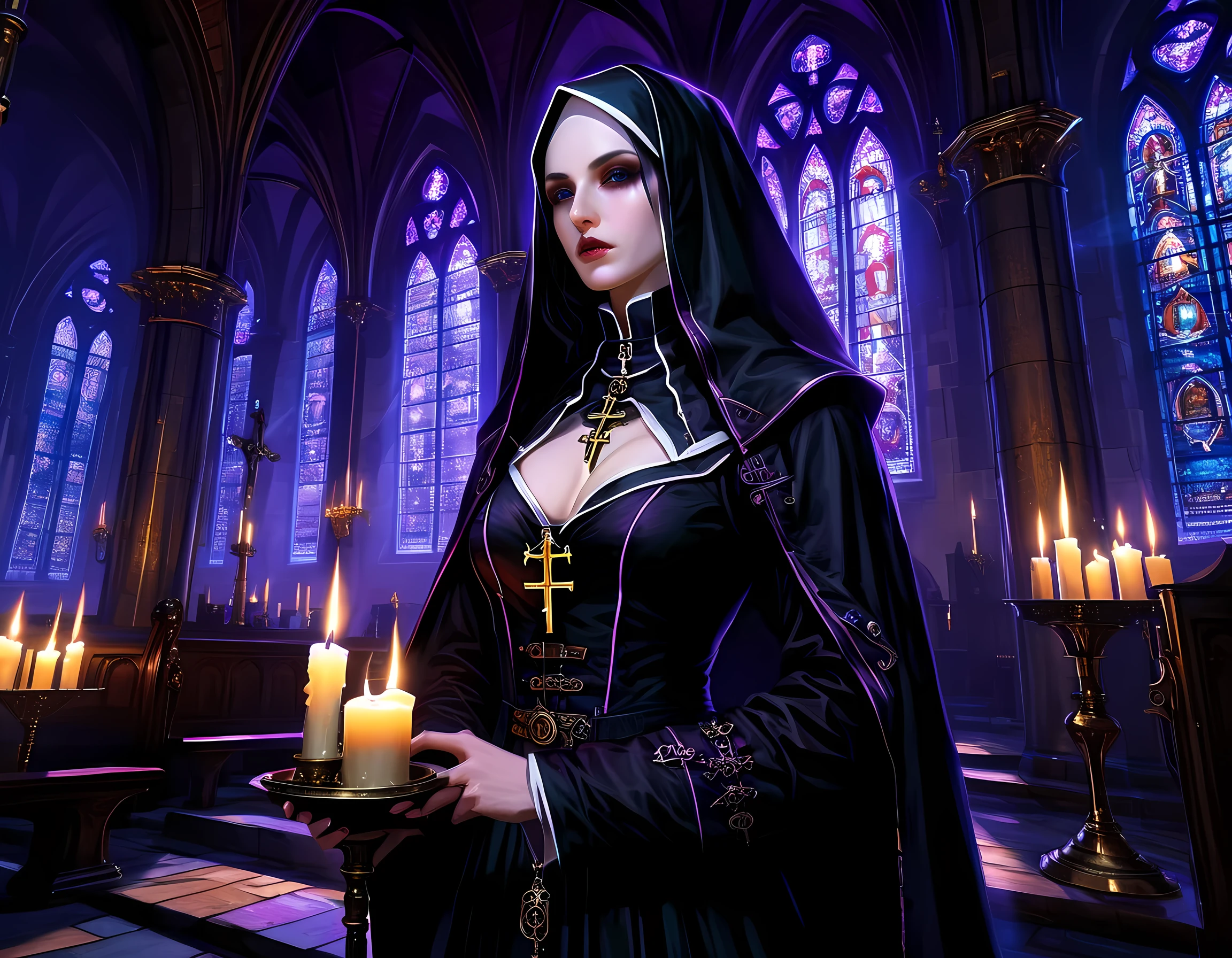 Dark cemetery、Silversmith Nun、ighly detailed、The female body with attention to detail、Beautiful skins、Clear skin、Well-proportioned body、Black lace monastic vestments、Soft breasts、Shiny body、Dark cemetery、Spotlight illuminating the nun、cinematlic lighting、highcontrast、​masterpiece、top-quality、Top image quality