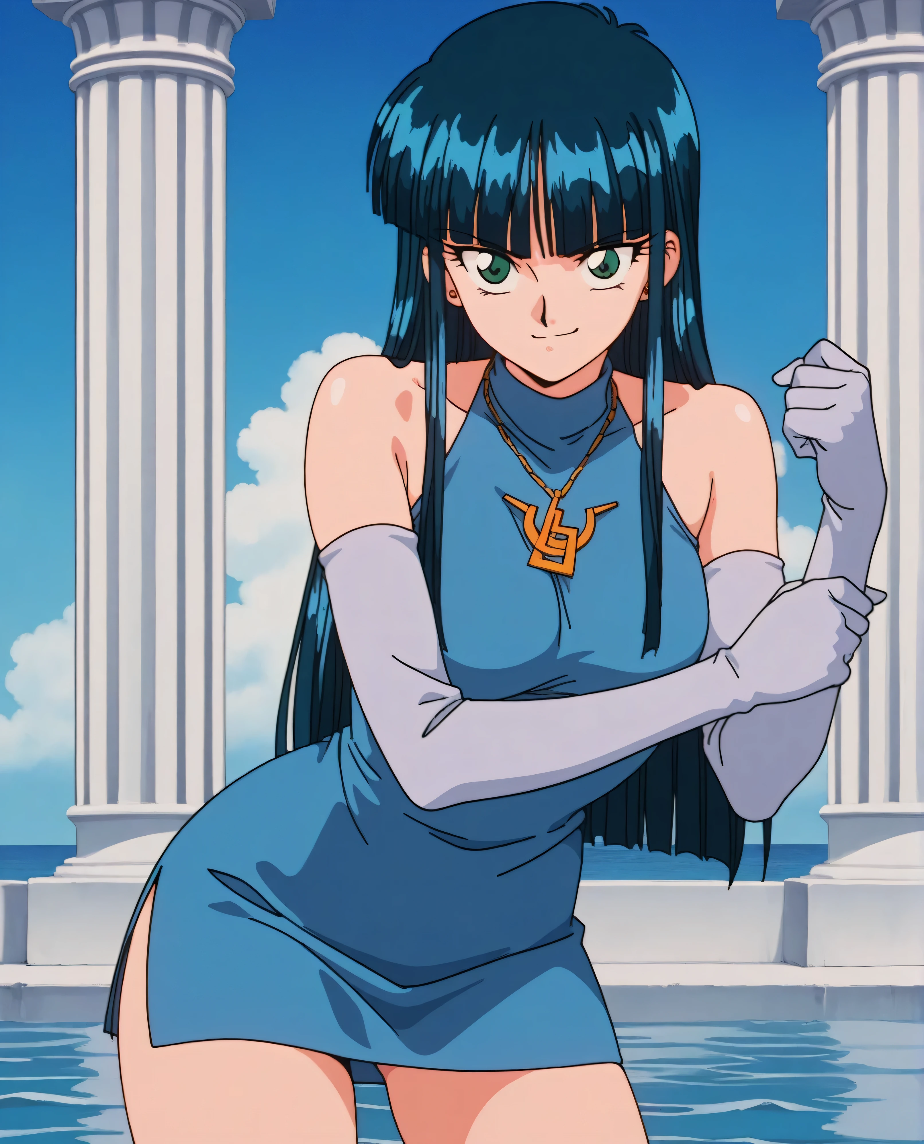 Anime girl in blue dress posing in front of a fountain - SeaArt AI