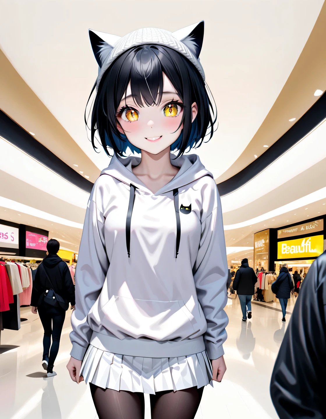 best quality, masterpiece, ultra high res, (Photorealistic:1.4), RAW photo, break
((adult woman)),(((beautiful black hair,Very Short Hair,white knitted hat with cat ears))),break
((cute smile, full body photo)),break
((Elongated, cat-like pupils ,Golden glowing eyes)),(fine eyes),( eye highlight),( beautiful detailed lashes:1.1),break
(black hooded hoodie,white pleated skirt,I can see black sexy panties from miniskirt),break
( Beautiful White Skin), detailed skin, (Beautiful Slim Female Figure),((small breasts)),break
(((A shopping mall bustling with many people))),break