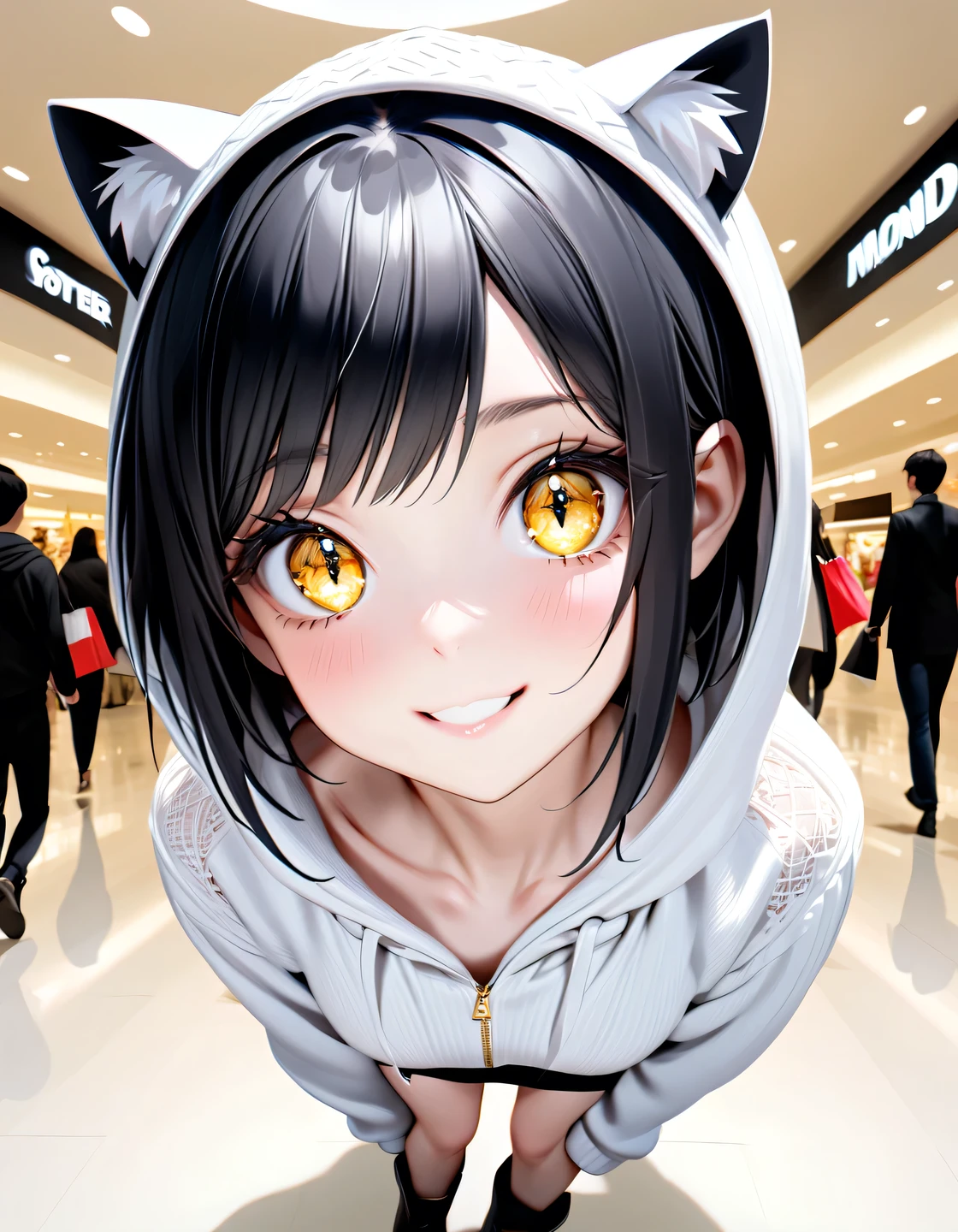best quality, masterpiece, ultra high res, (Photorealistic:1.4), RAW photo, break
((adult woman)),(((beautiful black hair,Very Short Hair,white knitted hat with cat ears))),break
((cute smile, full body photo)),break
((Elongated, cat-like pupils ,Golden glowing eyes)),(fine eyes),( eye highlight),( beautiful detailed lashes:1.1),break
(black hooded hoodie,white pleated skirt,I can see black sexy panties from miniskirt),break
( Beautiful White Skin), detailed skin, (Beautiful Slim Female Figure),((small breasts)),break
(((A shopping mall bustling with many people))),break