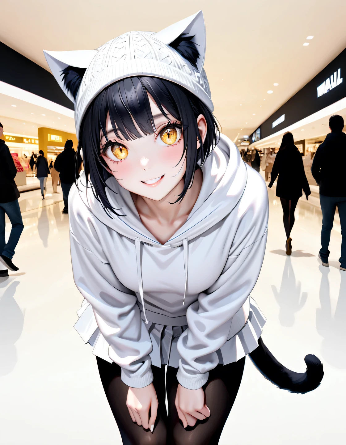 best quality, masterpiece, ultra high res, (Photorealistic:1.4), RAW photo, break
((adult woman)),(((beautiful black hair,Very Short Hair,white knitted hat with cat ears))),break
((cute smile, full body photo)),break
((Elongated, cat-like pupils ,Golden glowing eyes)),(fine eyes),( eye highlight),( beautiful detailed lashes:1.1),break
(hooded white hoodie,white pleated skirt,black pantyhose with cat silhouette pattern),break
( Beautiful White Skin), detailed skin, (Beautiful Slim Female Figure),((small breasts)),break
(((A shopping mall bustling with many people))),break