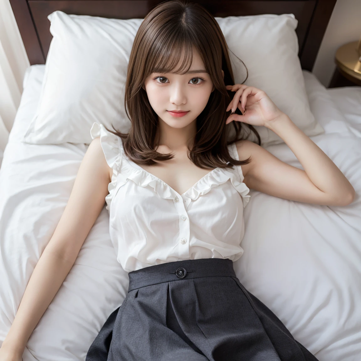 detailed face, cute face,brown eye, master piece , best quality , (matured female) , japanese , (sleeping on one's side) , from front , blouse , skirt