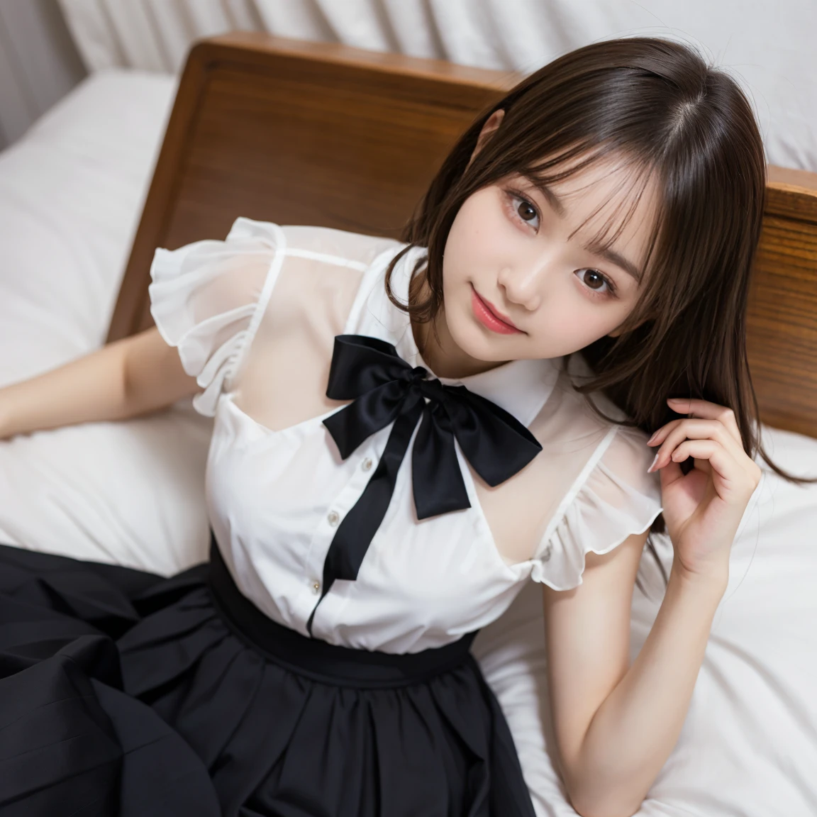 ((Top image quality、8K、masterpiece:1.3))、Realistic high-quality photos、top-quality、girl cute-fine face、13 years old beautiful Japan girl、Photo of slim little girl model、Beautiful girl model、young japanese girl、Young cute face、japanaese girl、13-year-old female model、Beautiful Model Girl、The innocent look of the girl next door、lovely delicate face、Brown hair、Beautiful brown eyes、Tear bag、drooing eyes、young body、missy hair, wide waist, portraitures, at bedroom, Black and white maid costume with garter belt, 18year old,, Teary-eyed、Slouched、Slouched、blushing、 on all fours on the bed、