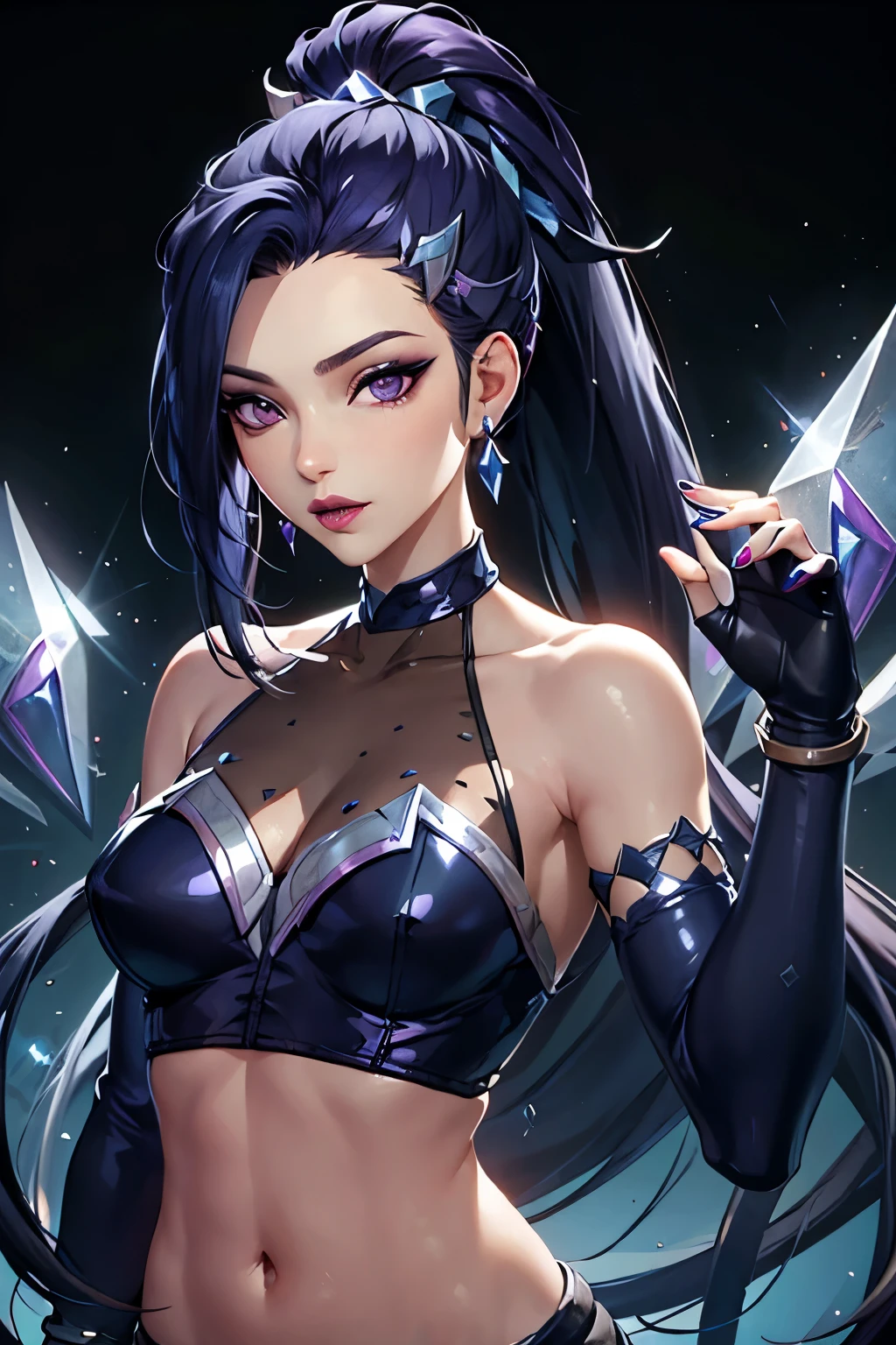 score_9, masterpiece, league of legends, front view, upper body photo, andand alloutanandisa, 1 , Alone, and/and \(league of legends\), ponytail, hair ornament, very and rand hair, multicolored hair, Very long hair, hair between the eyes, hair clip, bicolor hair, fringe, streaanded hair, hair pulled bacand, asymmetrical fringe, purple eyes, eye shadow, lipsticand, lips, purple lips, mascara, choander, jewelry, toys, short top, halternecand, loose sleeves, fingerless glove, elbow gloves , some purple ones, bracelet, enamel, belly, bare shoulders, navel, basic, crystals, perfect
