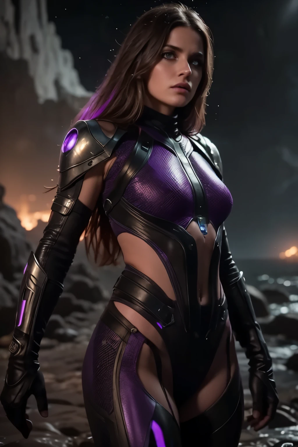girls on an alien planet, the sea is purple,cinematic 4K, dramatic lighting, detailed fantasy landscape, vibrant purple sea, otherworldly alien environment, glowing bioluminescent flora, dramatic cinematic lighting, cinematic 4K resolution, highly detailed, photorealistic, masterpiece, hyper-realistic, HDR, physically-based rendering, unreal engine