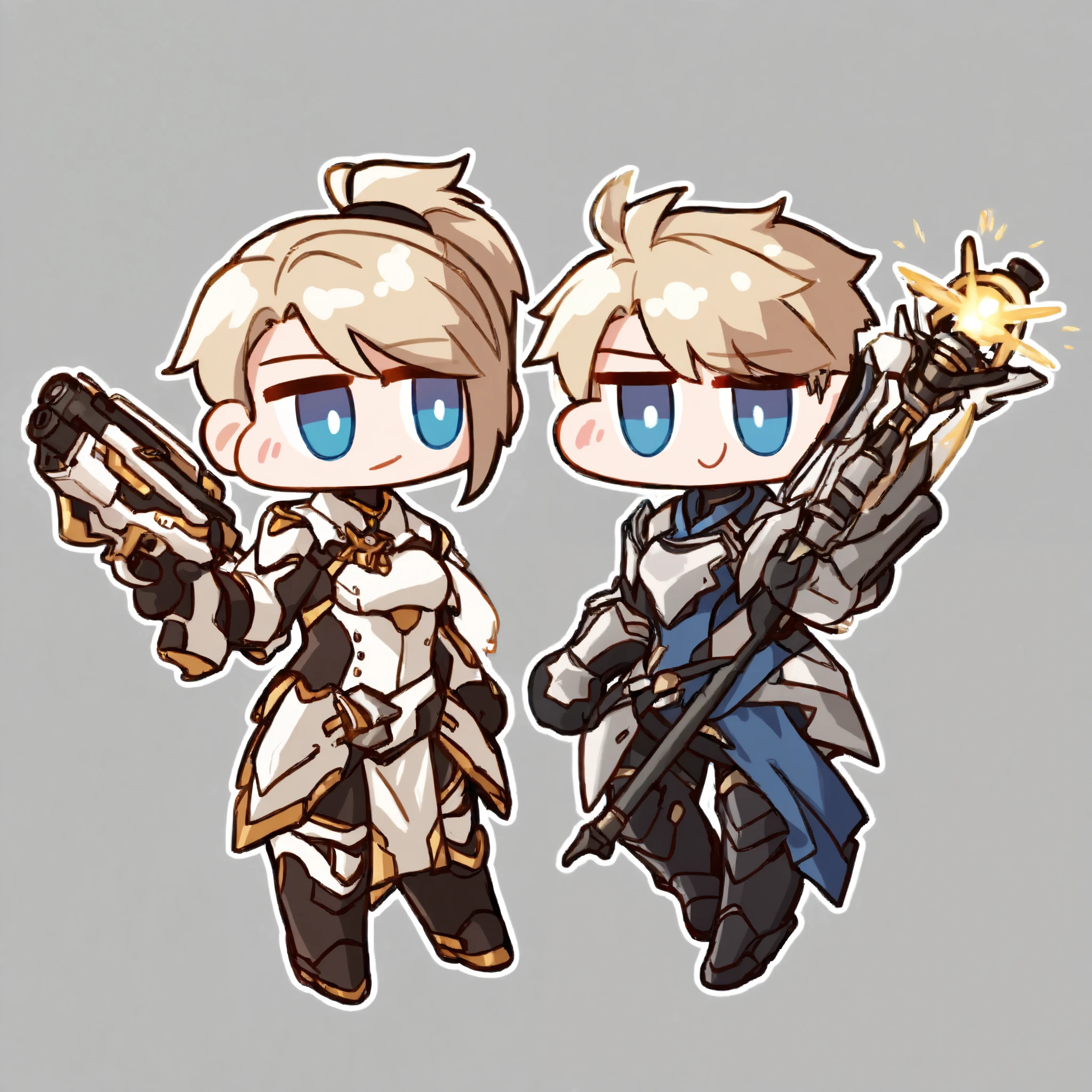 chibi, mrcy, short hair, high ponytail, bodysuit, gloves, high collar, pelvic curtain, armor, pantyhose, faulds, greaves, boots, holding staff, holy light, holding gun