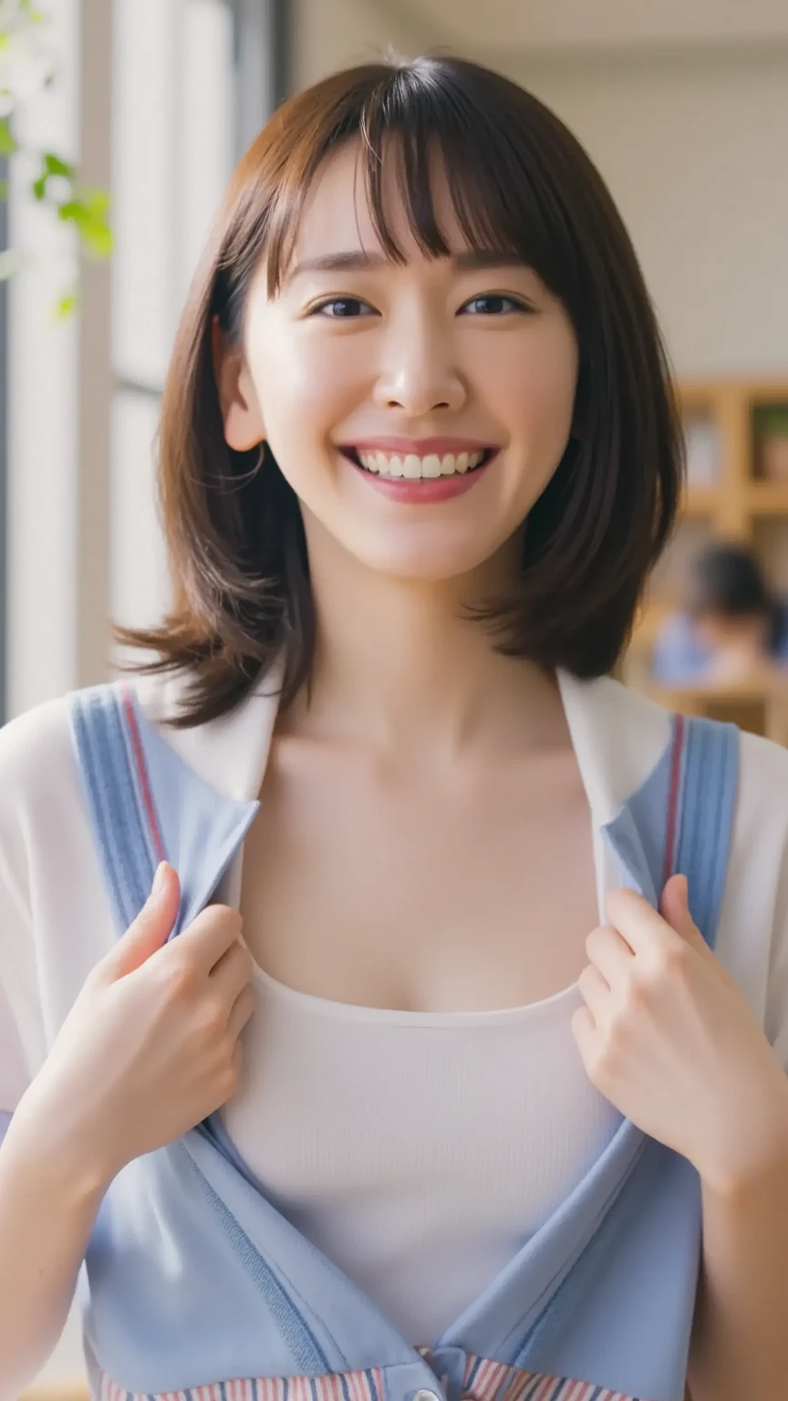 NSFW,harf nude,nipple,wolf cut hair, Japanese school girl,smile