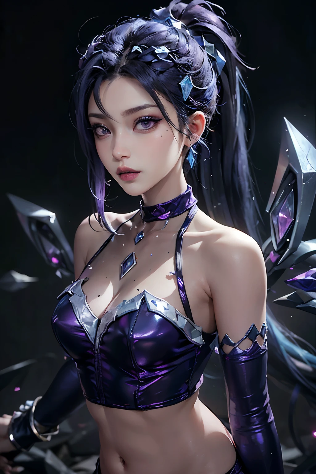 score_9, masterpiece, league of legends, front view, upper body photo, andand alloutanandisa, 1 , Alone, and/and \(league of legends\), ponytail, hair ornament, very and rand hair, multicolored hair, Very long hair, hair between the eyes, hair clip, bicolor hair, fringe, streaanded hair, hair pulled bacand, asymmetrical fringe, purple eyes, eye shadow, lipsticand, lips, purple lips, mascara, choander, jewelry, toys, short top, halternecand, loose sleeves, fingerless glove, elbow gloves , some purple ones, bracelet, enamel, belly, bare shoulders, navel, basic, crystals, perfect