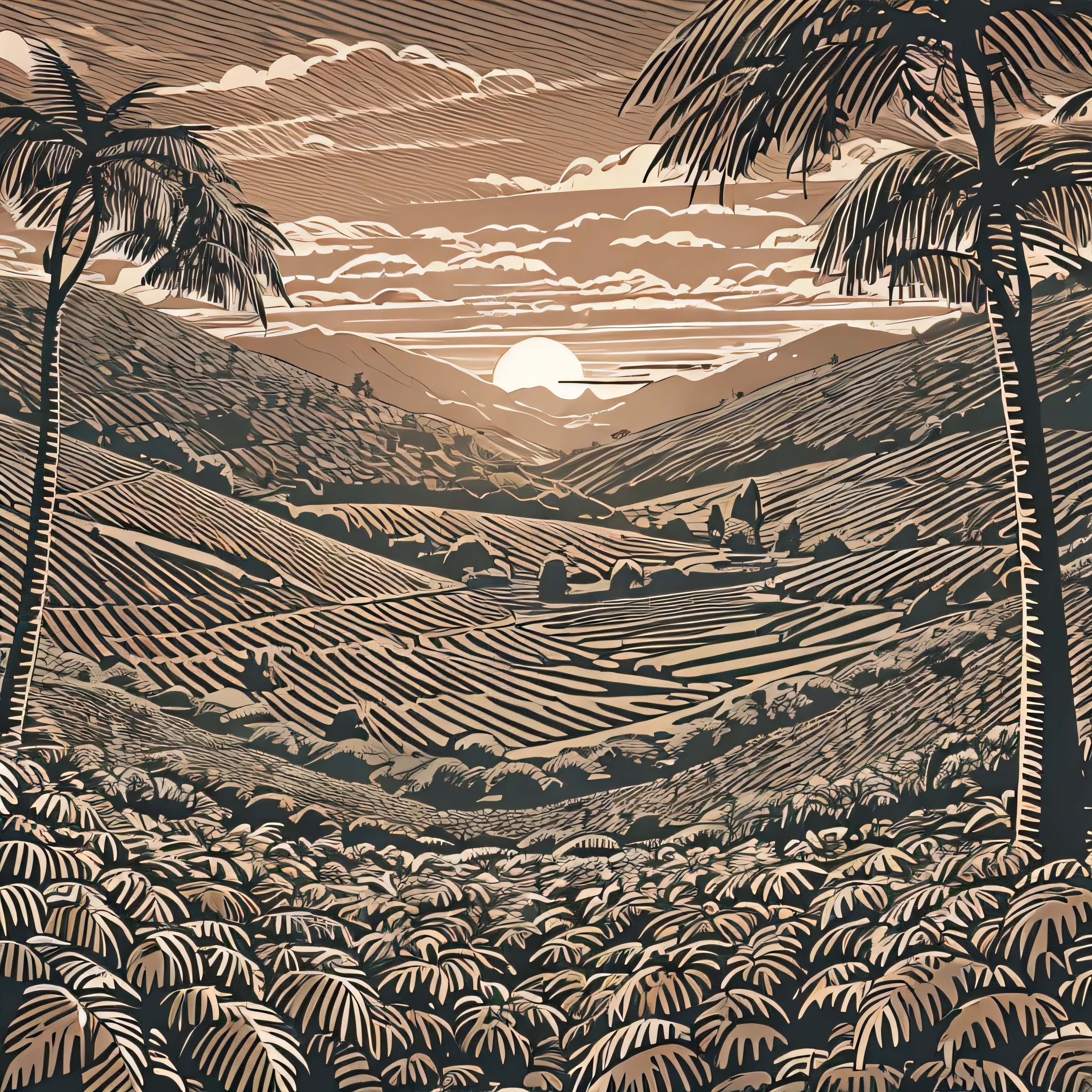 Create a large coffee plantation in vector format in the foreground, and place some trees in the background covering the sunset.