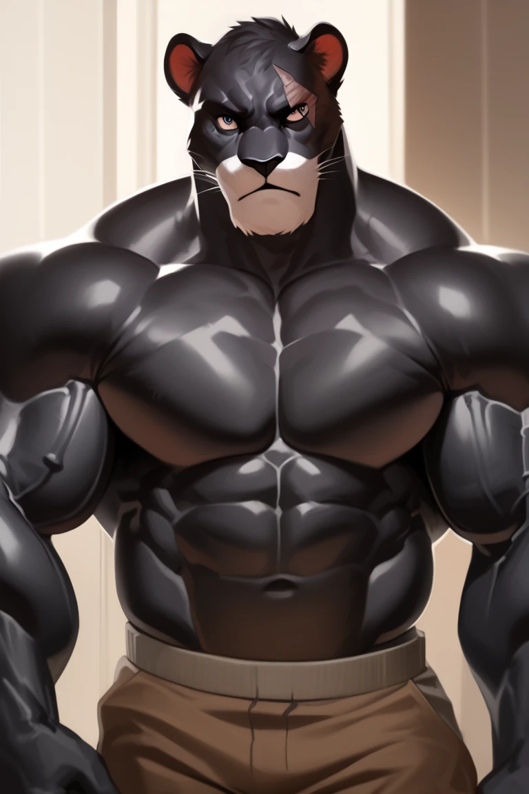 furry very muscular and wide panda wearing boxer briefs black and white fur with black hair on top of head, bathroom, extremely detailed masterpiece, massive pecs and muscles, shiny eyes, (by chunie).