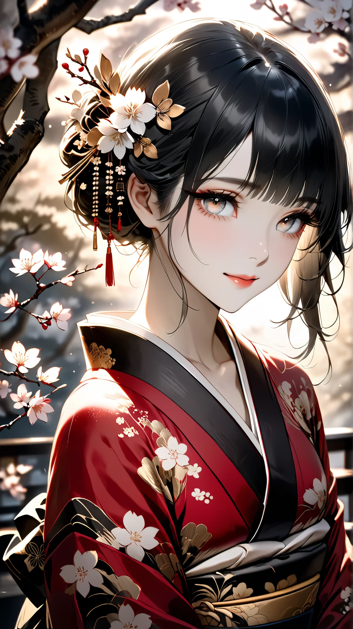 ink painting style, ink wash painting, very well detailed, super realistic, Bust, close-up, tight framing, Mysterious Woman, traditional japanese bar, elegant, mesmerizing gaze , almond-shaped eyes, Soft Mysterious Smile, Delicate Facial Features, Porcelain Skin, Subtle brushwork , Smooth black hair, white flower hair ornament , slight lint, Gentle Shadow, Exquisite Gold Embroidery, Floral, elegantなドレープ, Exposed Collarbone, delicate neckline, Soft cloth , blurry background, Soft Warm Light , soft depth of focus, Dreamy atmosphere, Dreamy atmosphere, Monochrome with Subtle Gold Highlights, Aesthetics of Sumi Painting, refined elegance .Luxurious Red Kimono, cherry blossoms,sunlight filtering through the trees