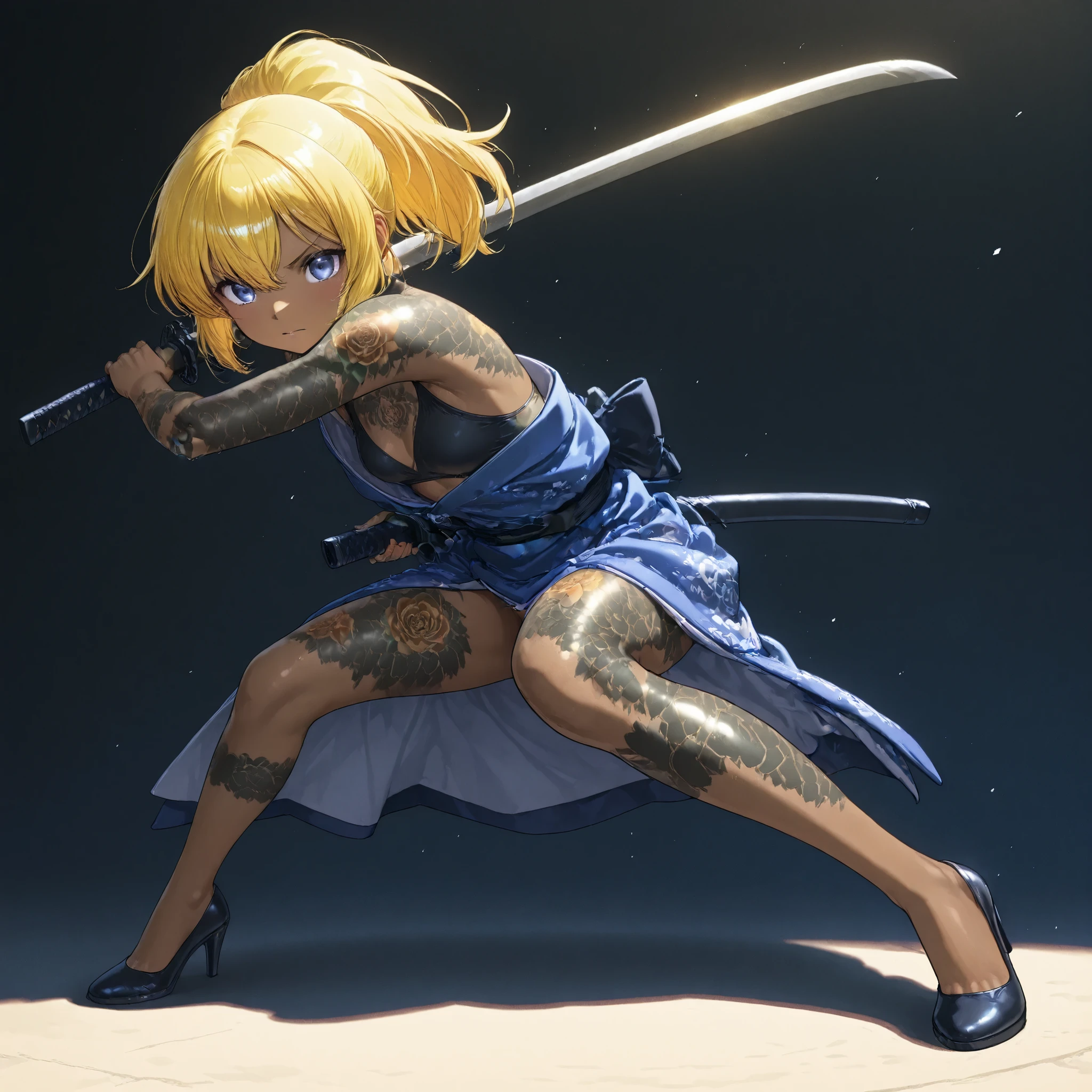 1 female special forces combatant, Japanese kimono、 brown skin , small breasts, video, yellow hair , top quality, textured skin, Read more 、 high heels、 movie light effect, full body tattoo on ass、Assume a fighting stance、 rising from the horizon 、 holding a Japanese sword