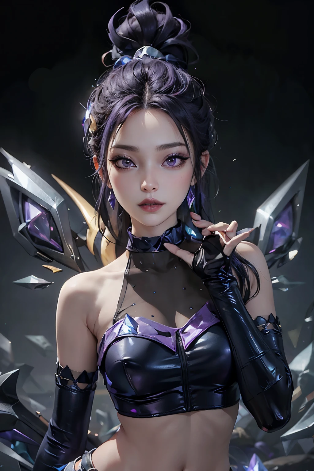 score_9, masterpiece, league of legends, front view, upper body photo, andand alloutanandisa, 1 , Alone, and/and \(league of legends\), ponytail, hair ornament, very and rand hair, multicolored hair, Very long hair, hair between the eyes, hair clip, bicolor hair, fringe, streaanded hair, hair pulled bacand, asymmetrical fringe, purple eyes, eye shadow, lipsticand, lips, purple lips, mascara, choander, jewelry, toys, short top, halternecand, loose sleeves, fingerless glove, elbow gloves , some purple ones, bracelet, enamel, belly, bare shoulders, navel, basic, crystals, perfect, corpo inteiro
