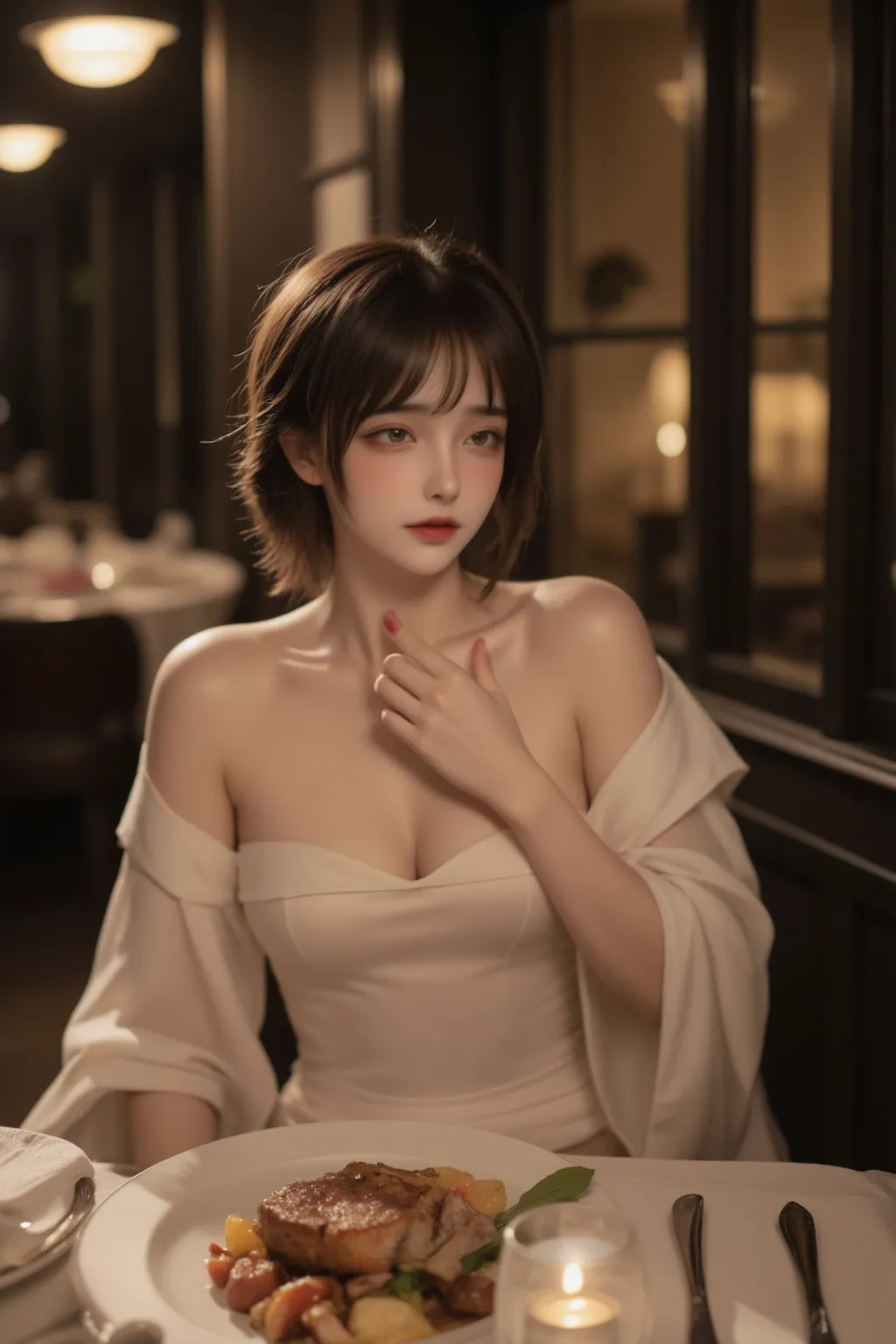 beautiful detailed eyes, beautiful detailed lips, extremely detailed eyes and face, long eyelashes, detailed body, perfect body beauty:1.4, hips:1.2, layered haircut, bust:1.2, wet clothes:1.1, rain, street:1.3, bandeau dress:1.1, very detailed face and skin texture, white skin, long hair, silence:1.3, (best quality,8k,masterpiece:1.3),focused:1.2