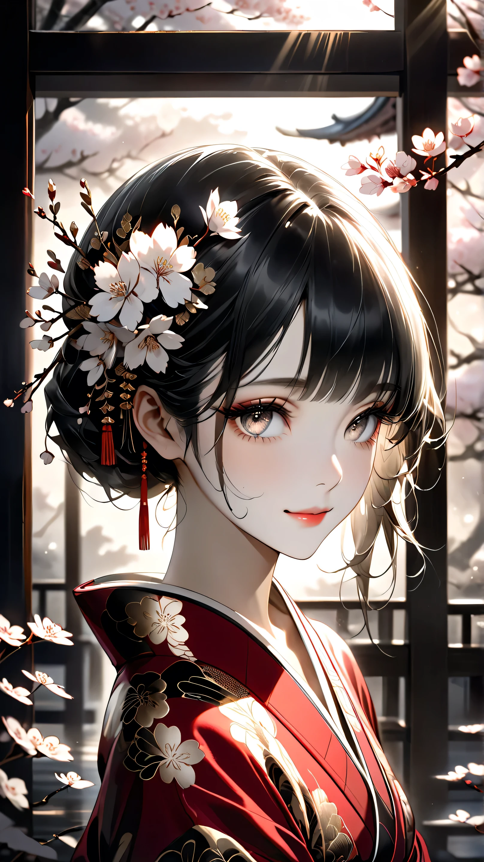 ink painting style, ink wash painting, very well detailed, super realistic, Bust, close-up, tight framing, Mysterious Woman, traditional japanese bar, elegant, mesmerizing gaze , almond-shaped eyes, Soft Mysterious Smile, Delicate Facial Features, Porcelain Skin, Subtle brushwork , Smooth black hair, white flower hair ornament , slight lint, Gentle Shadow, Exquisite Gold Embroidery, Floral, elegantなドレープ, Exposed Collarbone, delicate neckline, Soft cloth , blurry background, Soft Warm Light , soft depth of focus, Dreamy atmosphere, Dreamy atmosphere, Monochrome with Subtle Gold Highlights, Aesthetics of Sumi Painting, refined elegance .Luxurious Red Kimono, cherry blossoms,sunlight filtering through the trees