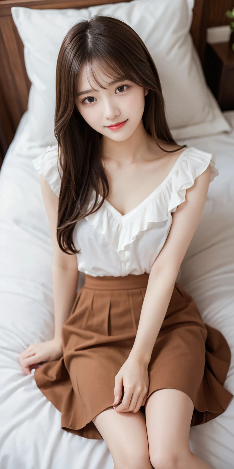 Highest quality,Ultra-high resolution,Japanese Beauty,White skin,cute,double eyelid,Big Eyes,Brown Hair,looking at the camera,{{petite slender body}},smile,teeth,Thigh collar blouse,,Sheer pants,between legs,teacher,class,Sheer