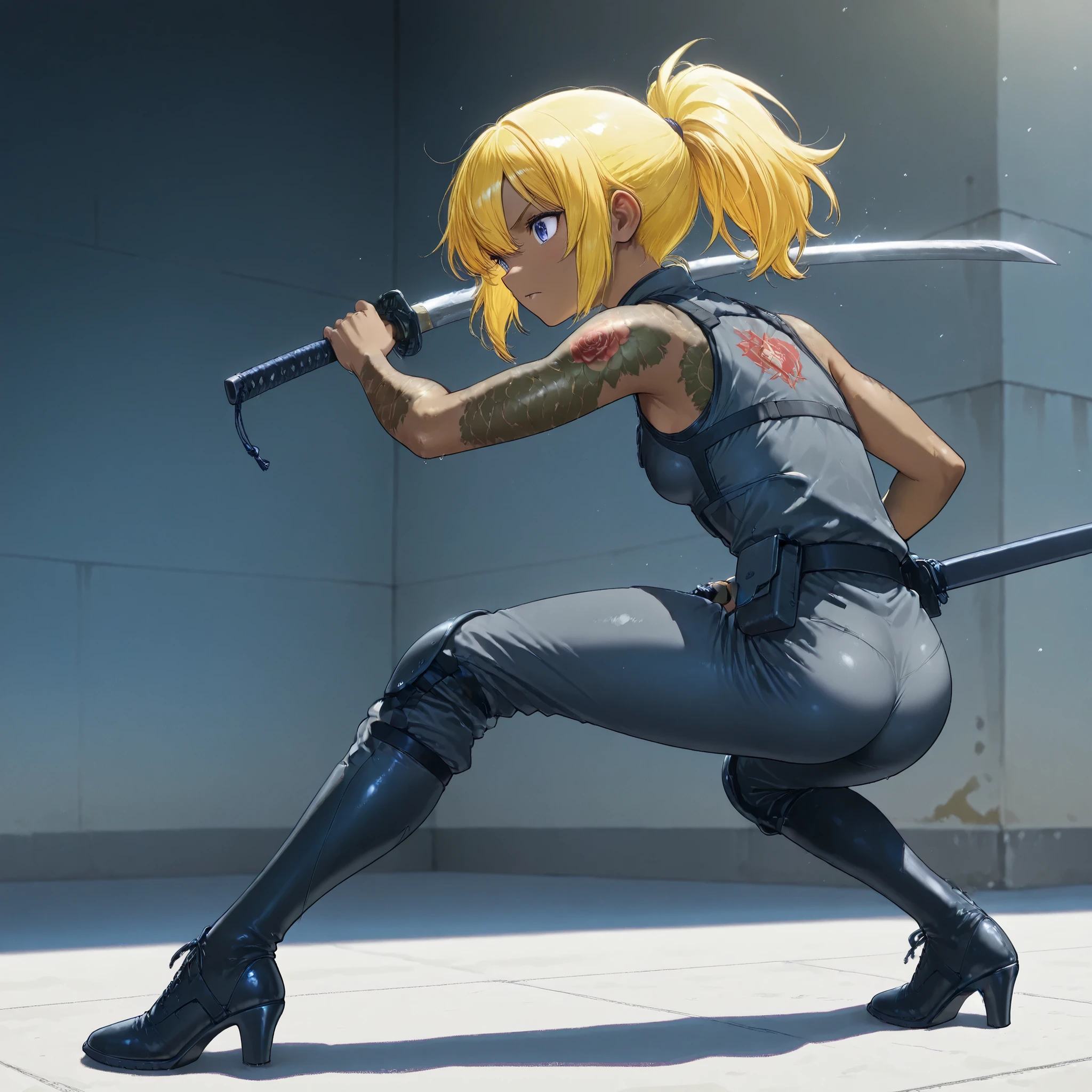 1 female special forces combatant, Special Forces Equipment、 brown skin , small breasts, video, yellow hair , top quality, textured skin, Read more 、 high heels、 movie light effect, full body tattoo on ass、Assume a fighting stance、 rising from the horizon 、 holding a Japanese sword