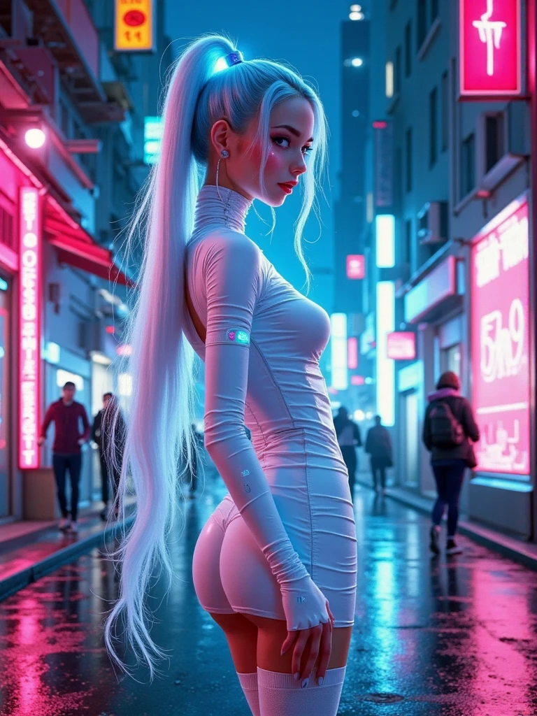 (8k, RAW photo, best quality, masterpiece: 1.2), (realistic, photo-realistic: 1.37), 1girl, cityscape, night, rain, wet, professional lighting, photon mapping, radiosity, Brazilian girl, (dynamic pose), large breasts, transparent white dress, light blue hair, very long hair, muscle definition, huge ass, --auto --s2