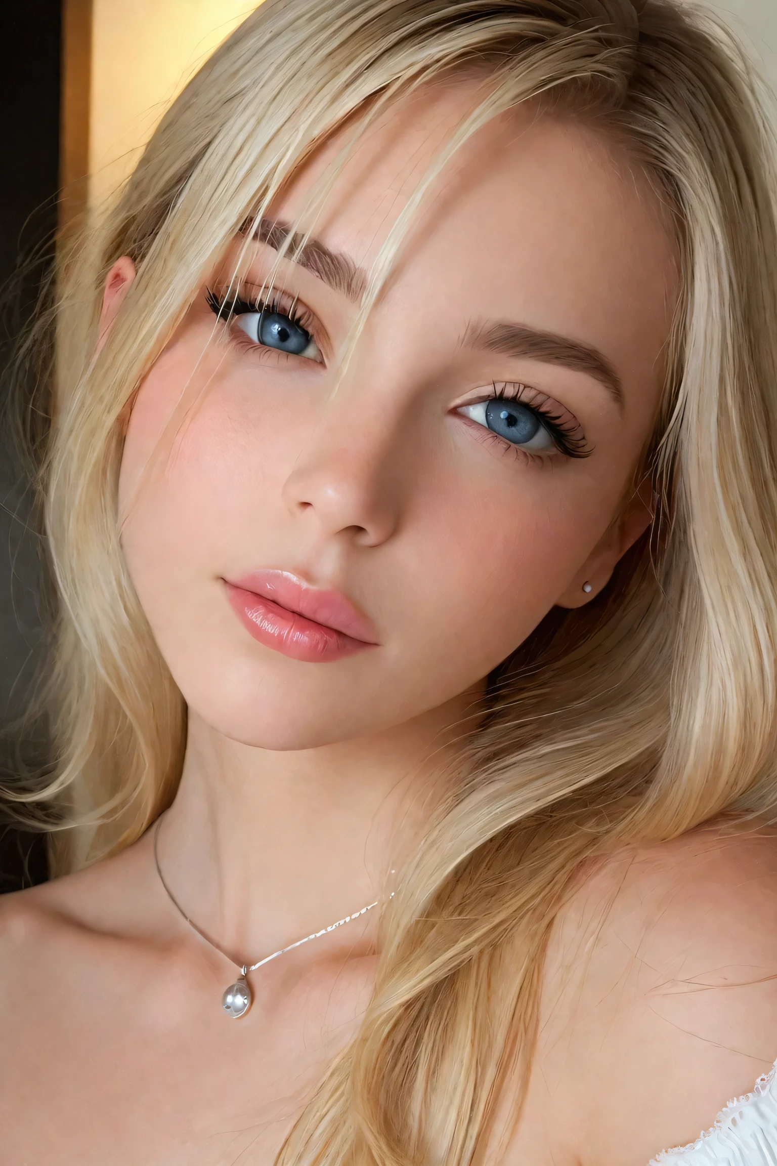 Image is a portrait-style photograph featuring a young woman with long, blonde hair cascading over her shoulders. She has fair skin and is wearing subtle makeup, including pink lipstick and blush, which complements her complexion. Her eyes are accentuated with mascara and eyeliner, giving them a defined look. She is wearing a black off-shoulder top, and a delicate silver necklace with a small pendant adorns her neck. The background is a neutral, dimly lit setting, which draws focus to her face. The overall composition is centered, with the subject looking directly at the camera, creating an intimate and engaging portrait.