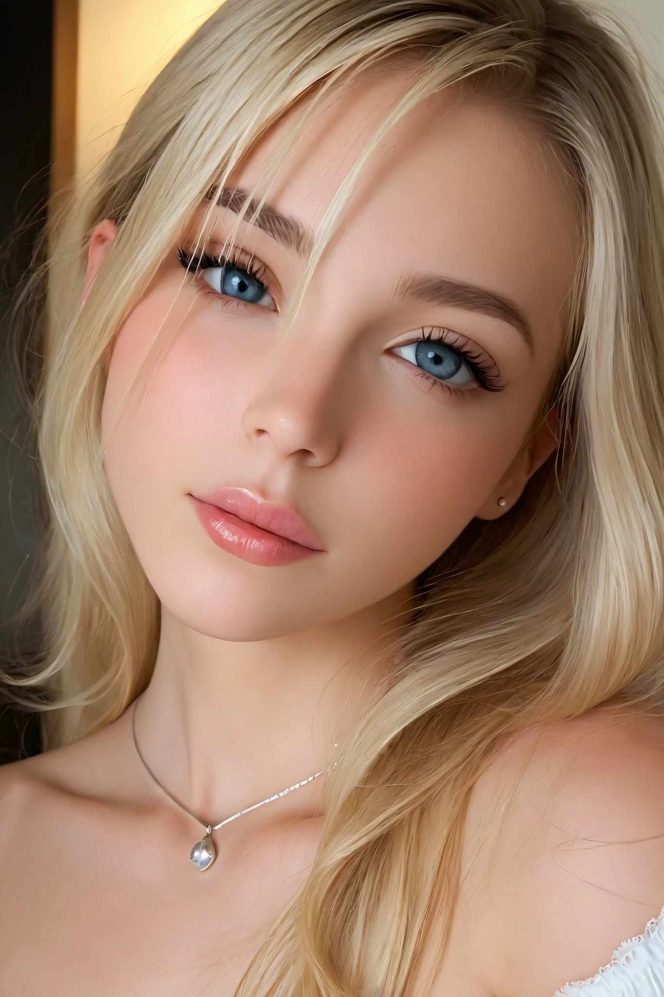 Image is a portrait-style photograph featuring a young woman with long, blonde hair cascading over her shoulders. She has fair skin and is wearing subtle makeup, including pink lipstick and blush, which complements her complexion. Her eyes are accentuated with mascara and eyeliner, giving them a defined look. She is wearing a black off-shoulder top, and a delicate silver necklace with a small pendant adorns her neck. The background is a neutral, dimly lit setting, which draws focus to her face. The overall composition is centered, with the subject looking directly at the camera, creating an intimate and engaging portrait.