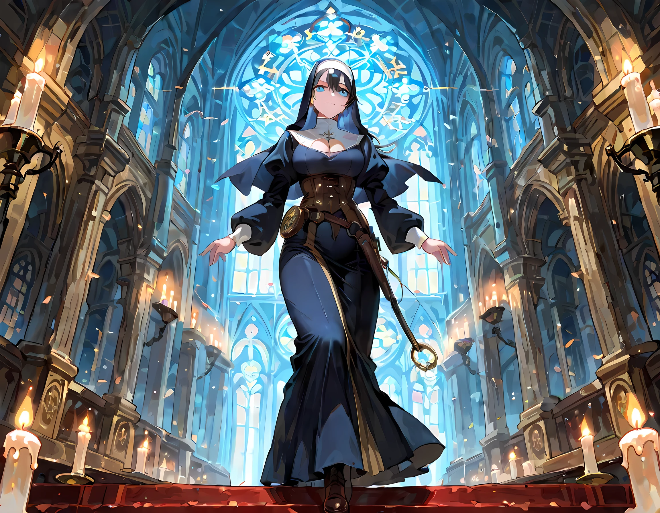 a picture of a steampunk (1)nun in a church, wearing nun habit, wearing black pantyhose, (best detailed face:1.3), ultra feminine: 1.3), dynamic hair, long hair, wavy hair, blue eyes, intent eyes, wearing high heeled boots, photorealistic, 16k, RAW, award winning, (best detailed: 1.5), masterpiece, best quality, (best detailed: 1.3), full body, ultra wide shot,