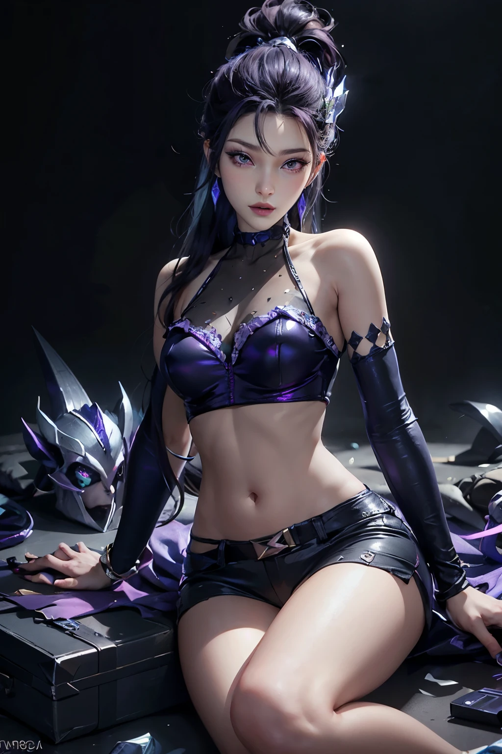 score_9, masterpiece, full body, league of legends, front view, upper body photo, andand alloutanandisa, 1 , Alone, and/and \(league of legends\), ponytail, hair ornament, very and rand hair, multicolored hair, Very long hair, hair between the eyes, hair clip, bicolor hair, fringe, streaanded hair, hair pulled bacand, asymmetrical fringe, purple eyes, eye shadow, lipsticand, lips, purple lips, mascara, choander, jewelry, toys, short top, halternecand, loose sleeves, fingerless glove, elbow gloves , some purple ones, bracelet, enamel, belly, bare shoulders, navel, basic, crystals, perfect, full body 

