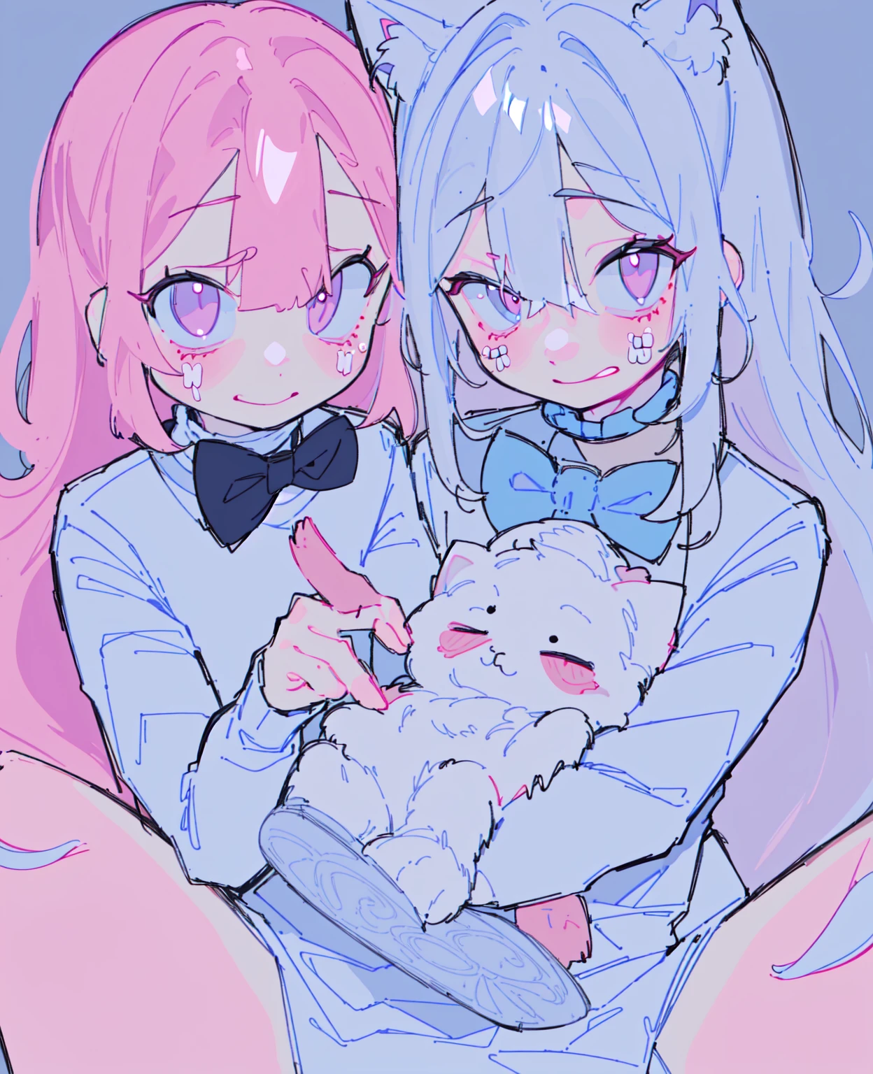 2girls,girl1:adolable,A pink-haired,Long whit hair,white stockings,robe blanche,Girl 2:adolable,A pink-haired,Long whit hair,white stockings,robe blanche。Kisses and hugs