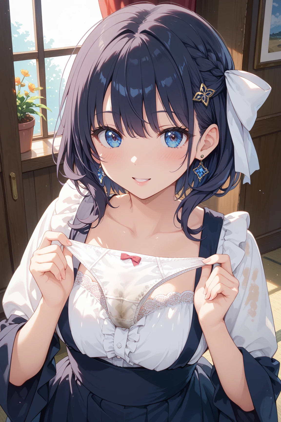 nsfw,((One man and one woman,Having sex)),riding on top of a naked man,Perfect Hands,small breasts,hair above one eye,Black Hair,green eyes,tights, ((magical girl costume)),idolgold ornaments,beret,ribbon,heart earrings,Striped socks,(masterpiece,Highest image quality,best quality),Ahegao,simple background
