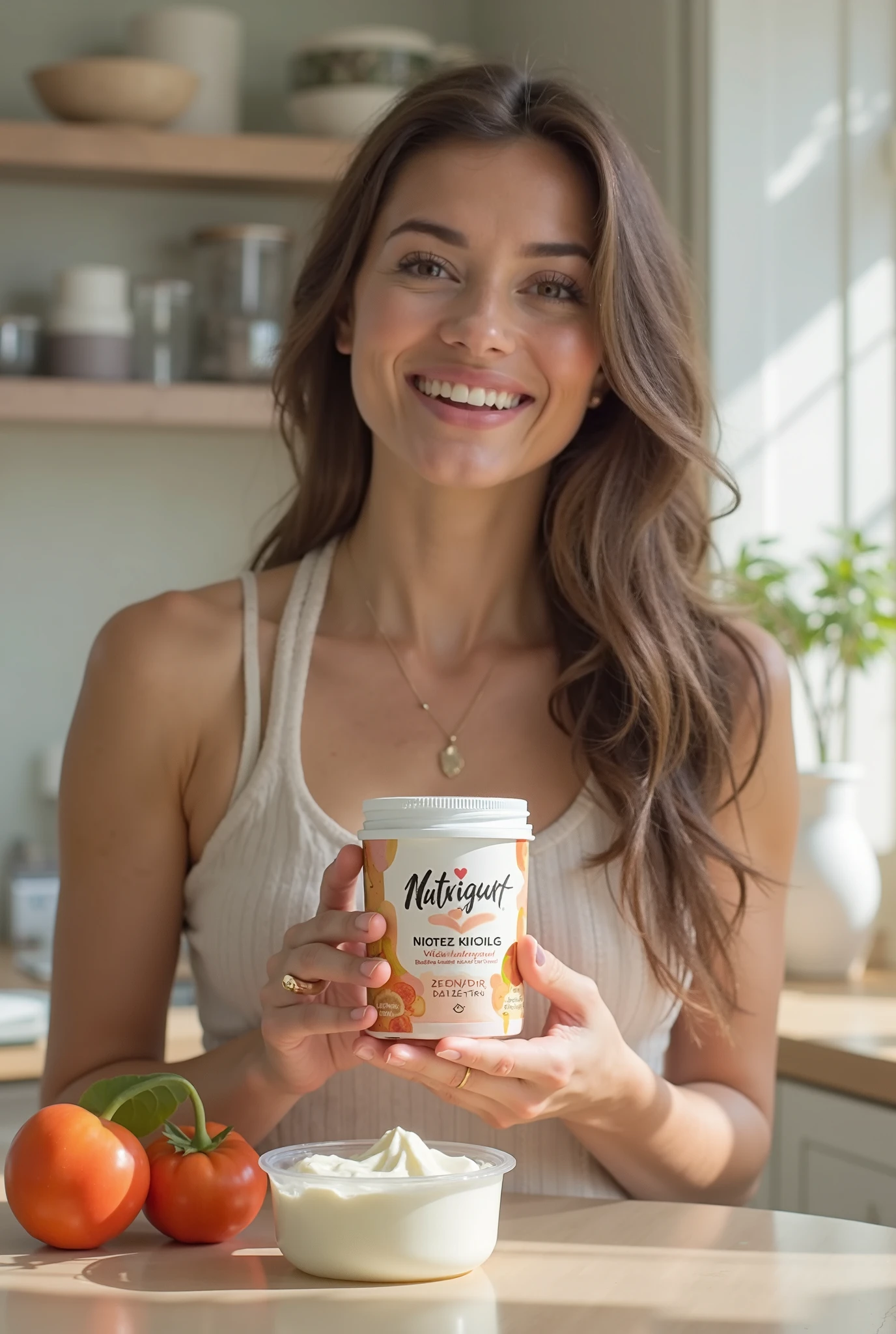A 50-year-old white-skinned lady , Dark brown hair, happy holding a bottle of vitamin C White background image