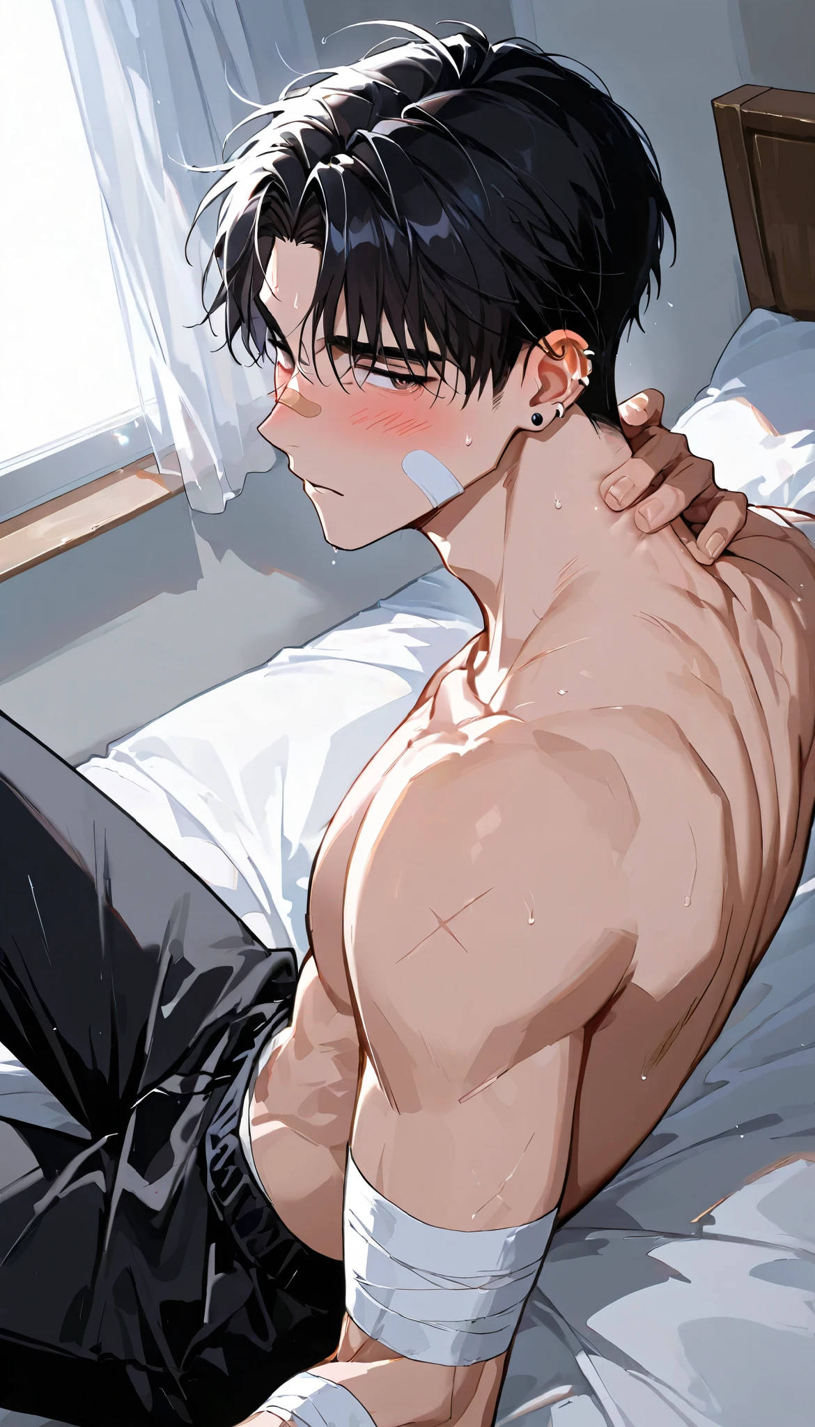 1boy, sitting on bed, shirtless, adult, blush, band-aid on face, bandaged, injured, ear piercing, hand on back of neck