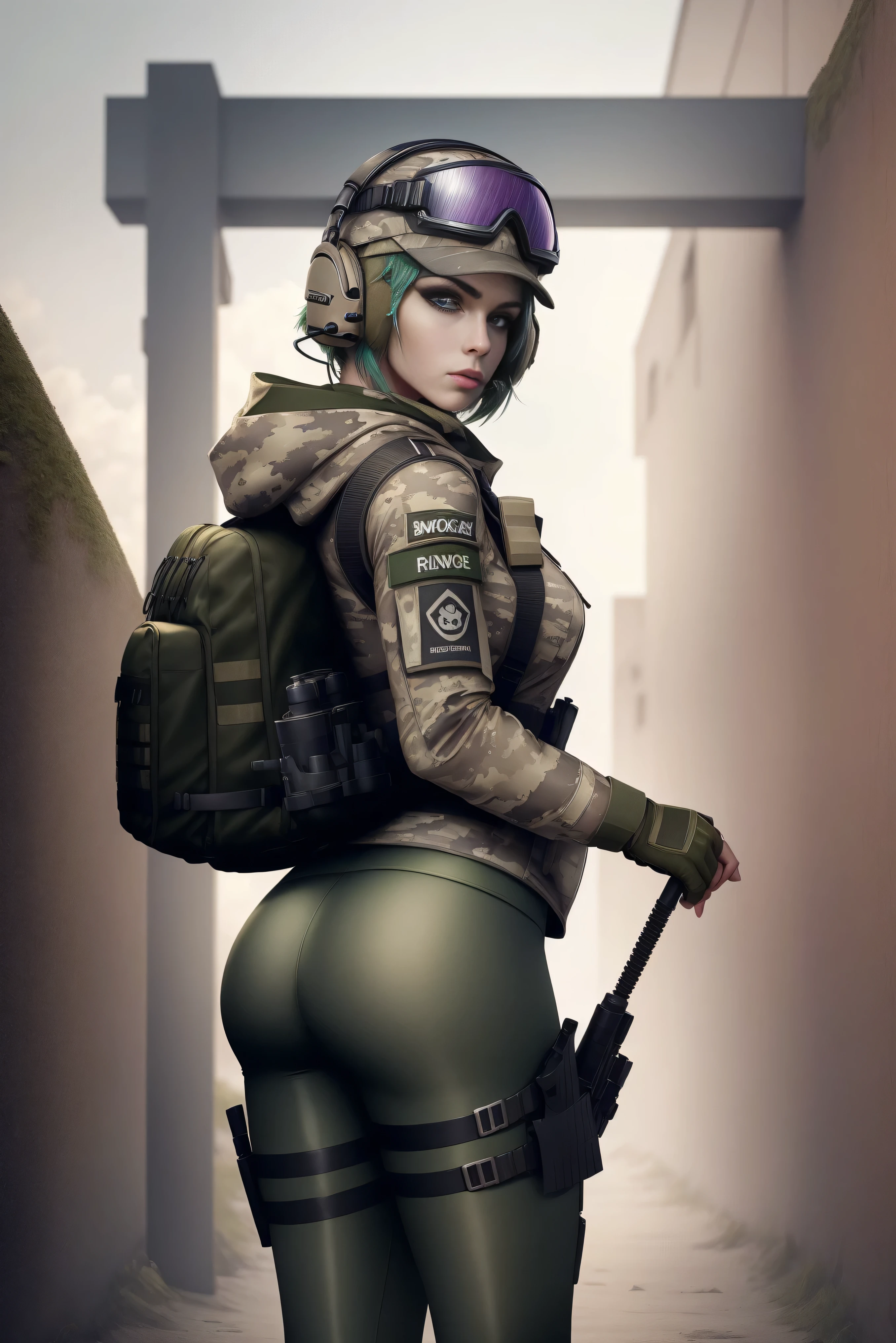 ela_(rainbow_six_siege), masterpiece, best quality, 1girl, camouflage, solo, green hair, backpack, boots, hat, goggles, goggles on headwear, ass, pants, looking at viewer, jacket, hood, bag, short hair, headset, blue eyes, camouflage jacket, gloves, holster, hood down, looking back, thigh holster, radio antenna, military, headphones, leggings, closed mouth, camouflage pants, huge ass, outdoors,