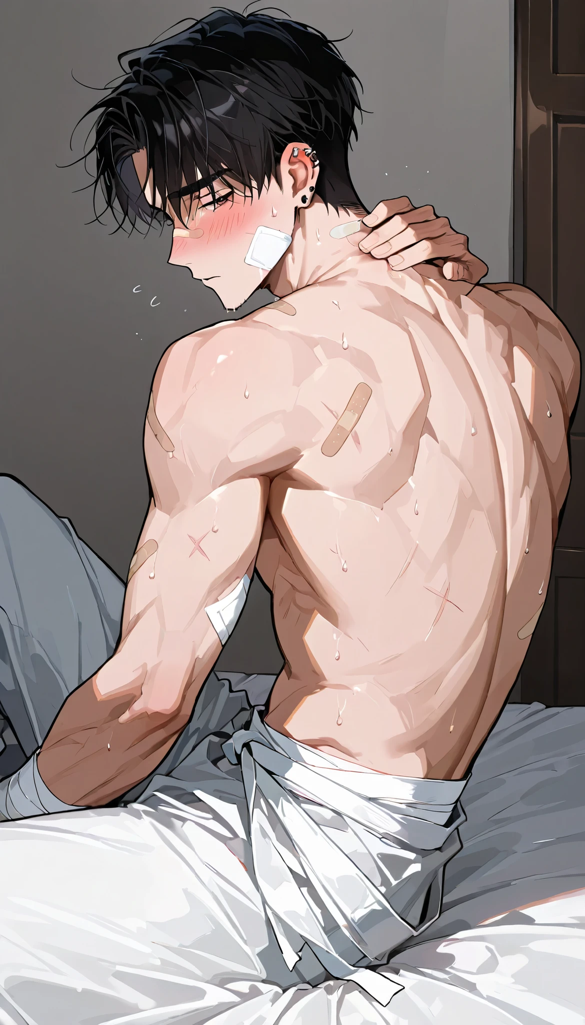 1boy, sitting on bed, shirtless, adult, blush, band-aid on face, bandaged, injured, ear piercing, hand on back of neck