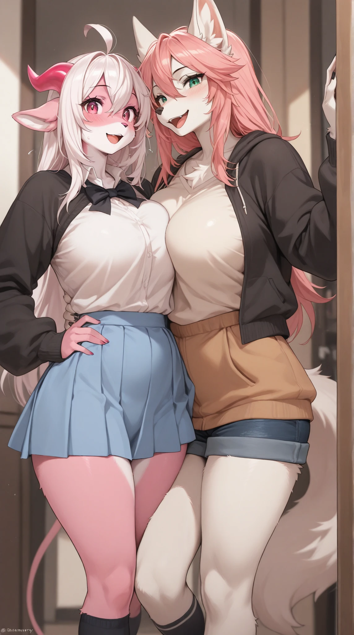 ((2 girls))、(smile:1.5)、Small breasts、（Cowboy Shot）、(fun!!)、(cardigan)、(Silver Hair)、(blush:1.4)、Dog ears、()、(Eye highlights:1.3)、blake black shoes,(黒いskirt)、bow, button, shirt with collar, Long sleeve,  ((red bow tie, , Black jacket, Open jacket, 茶色のcardigan, white shirt, 黒のskirt, チェック柄のskirt、white socks)),, shirt,, skirt, socks, Thighs, white shirt, Rest indoors, ((classroom:1.5))、 BREAK while watching the audience、(skirtを掴む:1.0)、 (Perfect hands, Perfect Anatomy),Cowboy Shot、(skirt lift:1.3),(Highly detailed white panties:1.3)、(highly detailed panties:1.3)、、(skirt that rolls up:1.3)、(Full-fledged panties:1.5)、Light blue eyes、long hair