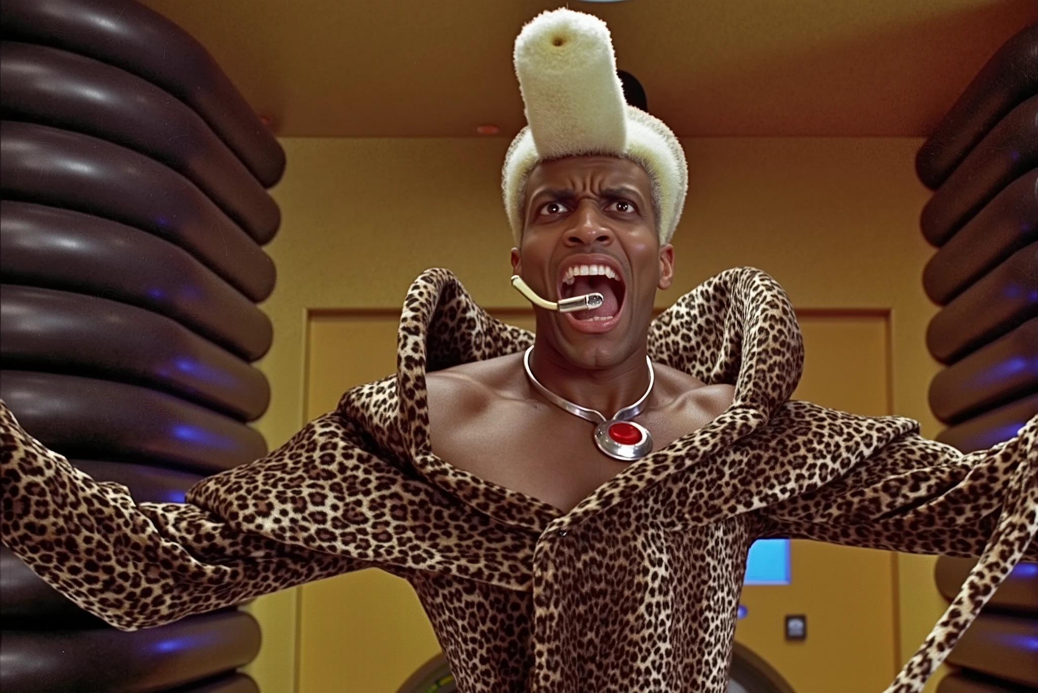 A flamboyant, eccentric man with dark skin, a tall, sculpted platinum-blond hairstyle, and an expressive, energetic facial expression. He wears an extravagant, futuristic leopard-print coat with a dramatic wide collar, open at the chest, revealing a sleek silver necklace with a circular red gemstone. His lips are painted with a glossy finish, and he has a futuristic headset microphone extending from his cheek. The background is a high-tech, retro-futuristic spaceship interior with golden metallic walls, curved structures, and glowing neon-blue details. The scene is dynamic, full of movement, as he passionately gestures with his arms, exuding charisma and confidence. Cinematic lighting and rich colors in 1950s Super Panavision 70 film style.